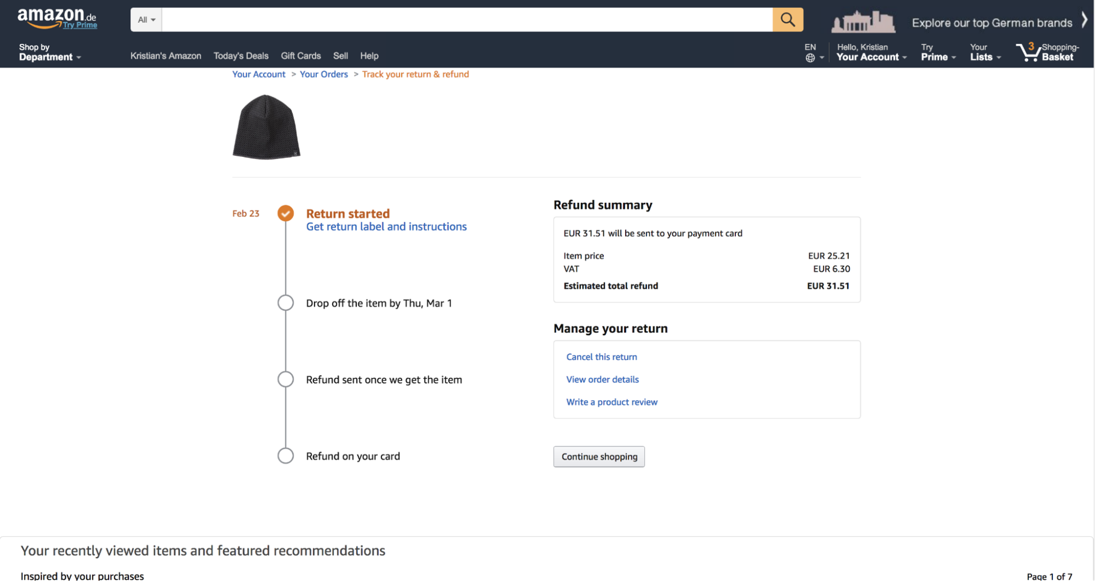 Amazon refund process screen showing the progress of a user's order refund