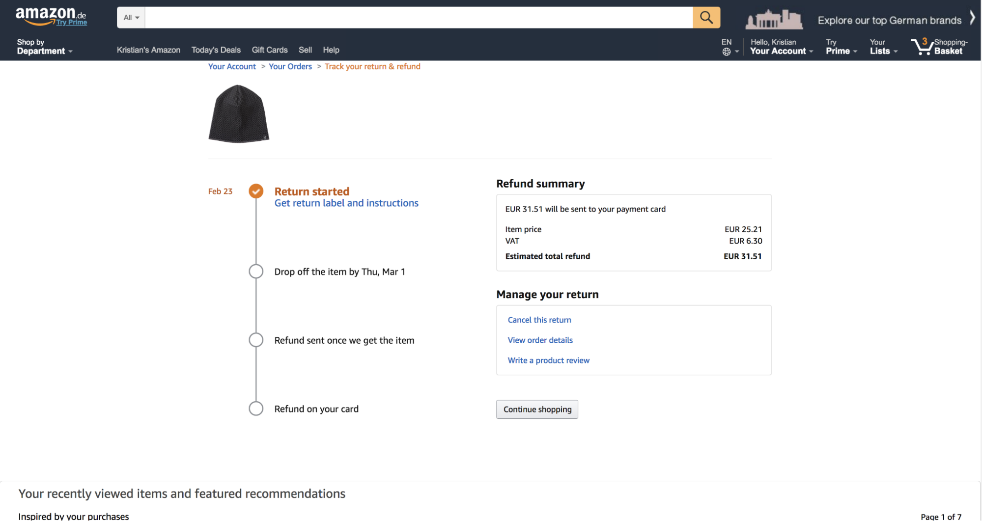 Amazon refund process screen showing the progress of a user's order refund
