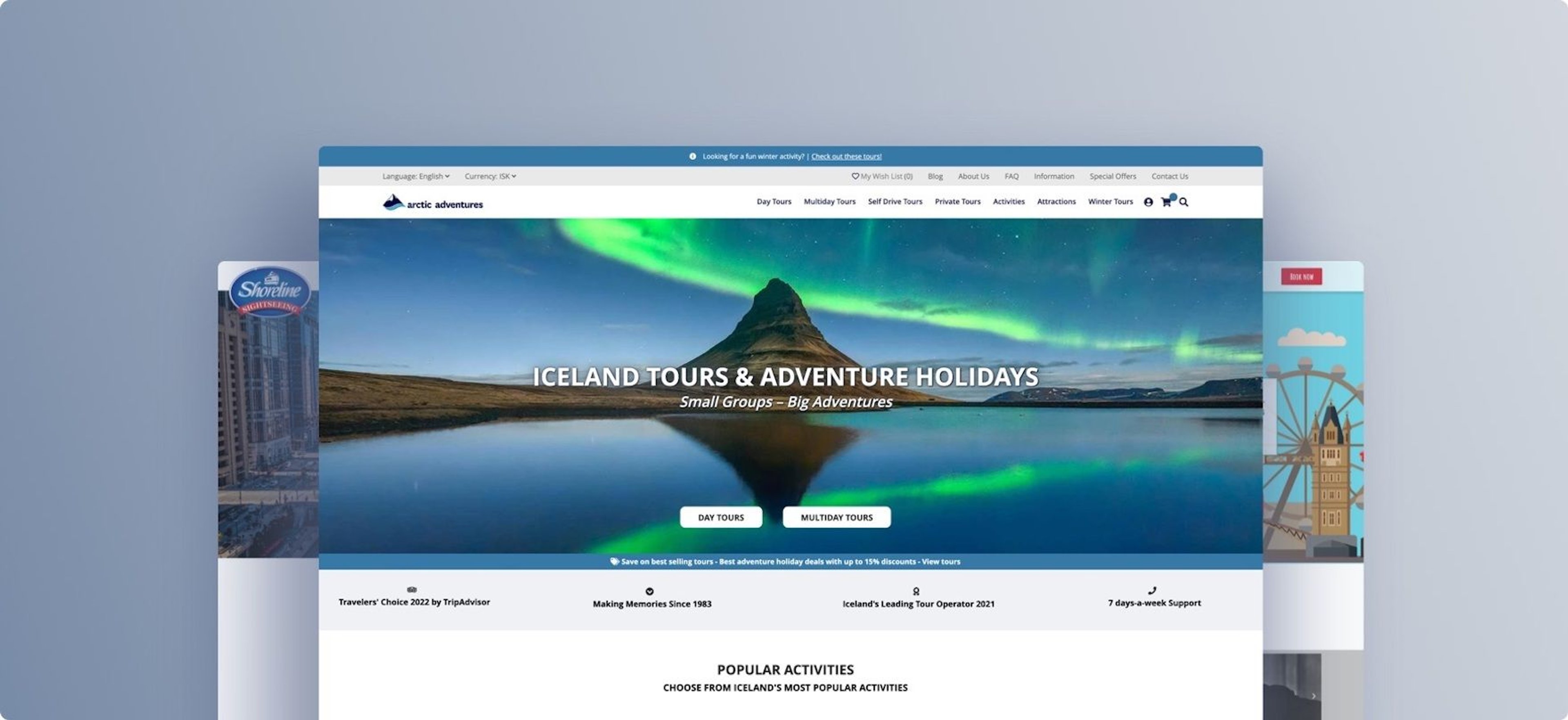 Screenshot of travel tours and experience booking websites