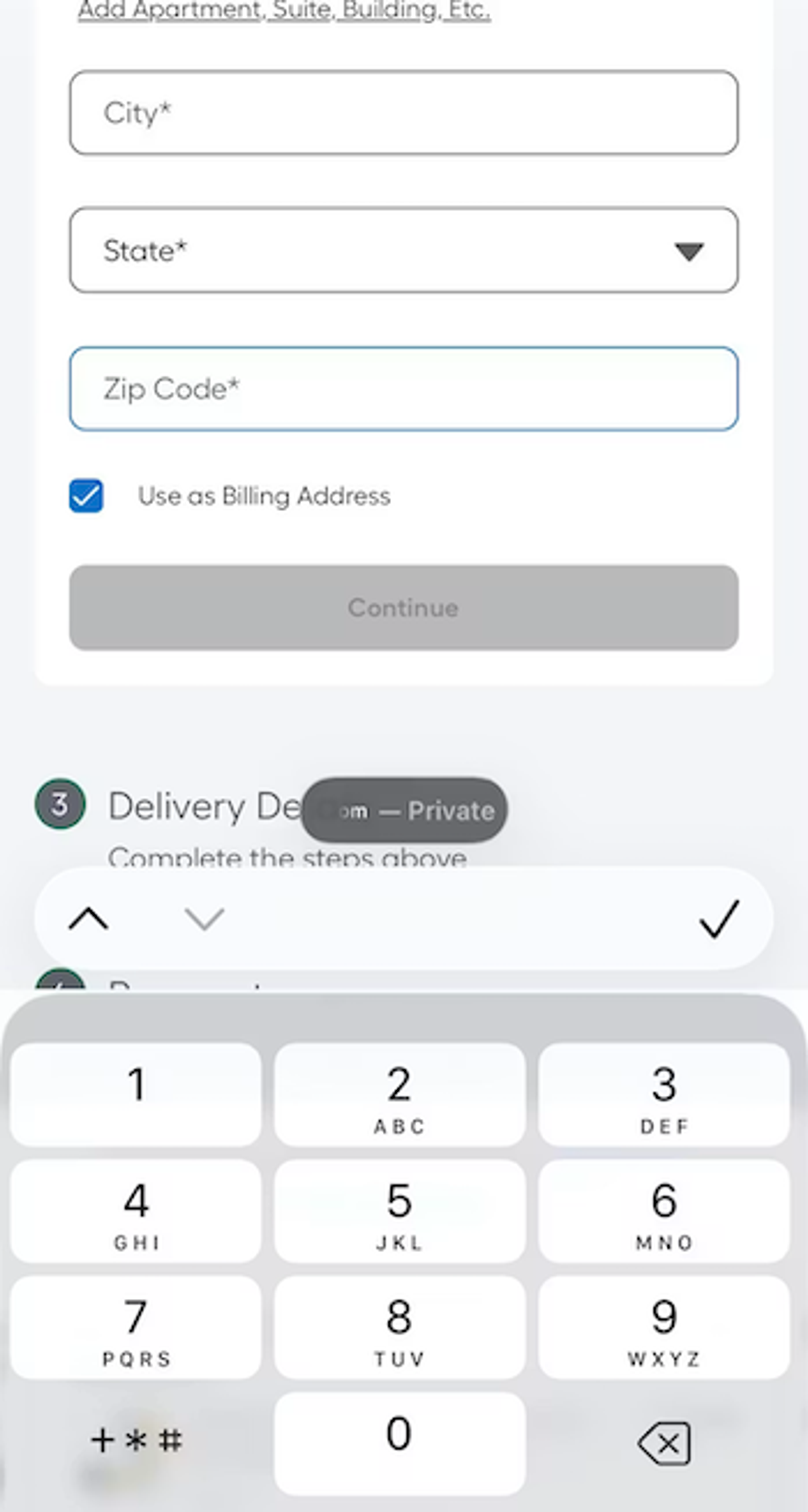 Lowe’s mobile site checkout with simplified iOS keyboard layout for easier input
