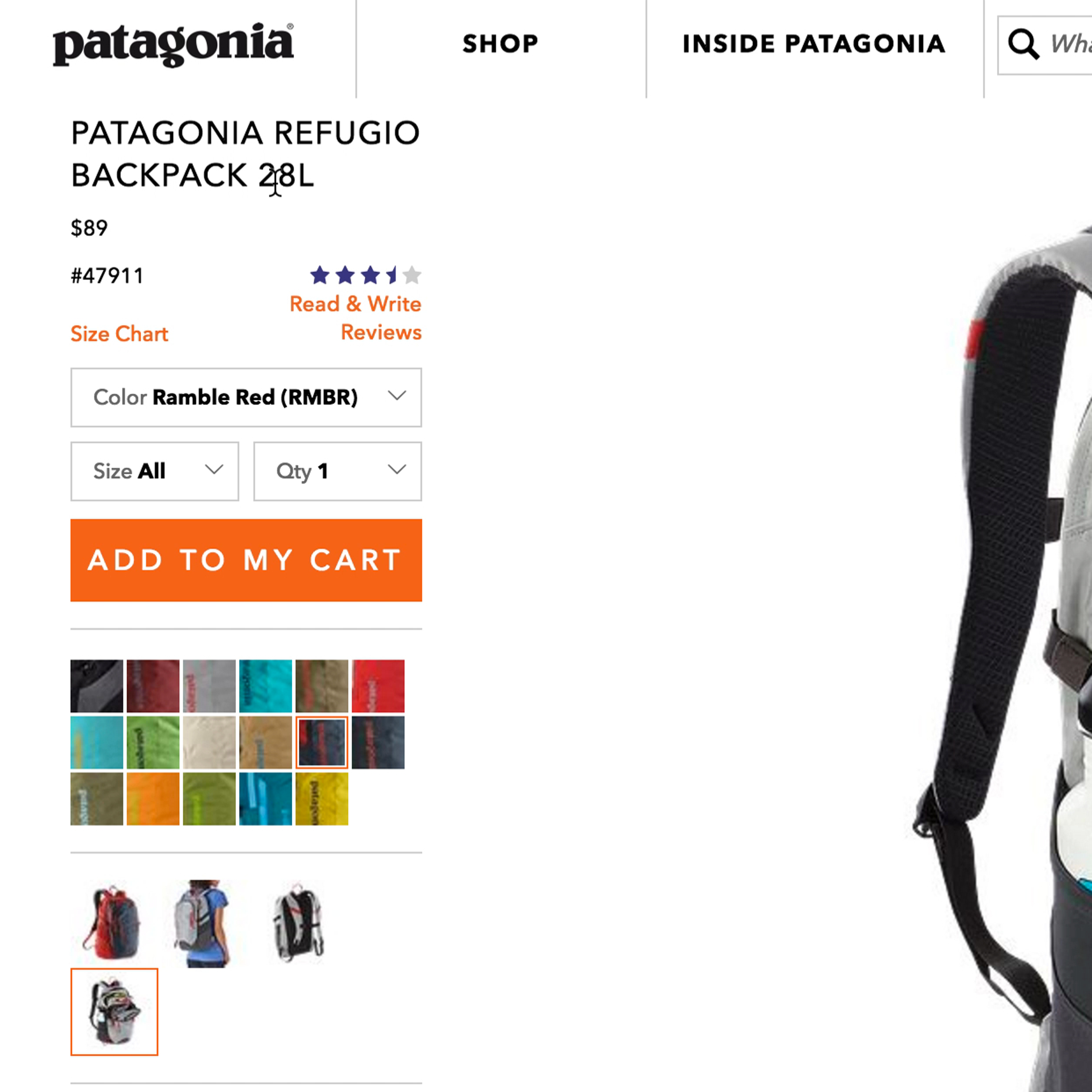 Patagonia product detail page showing a 28L capacity backpack