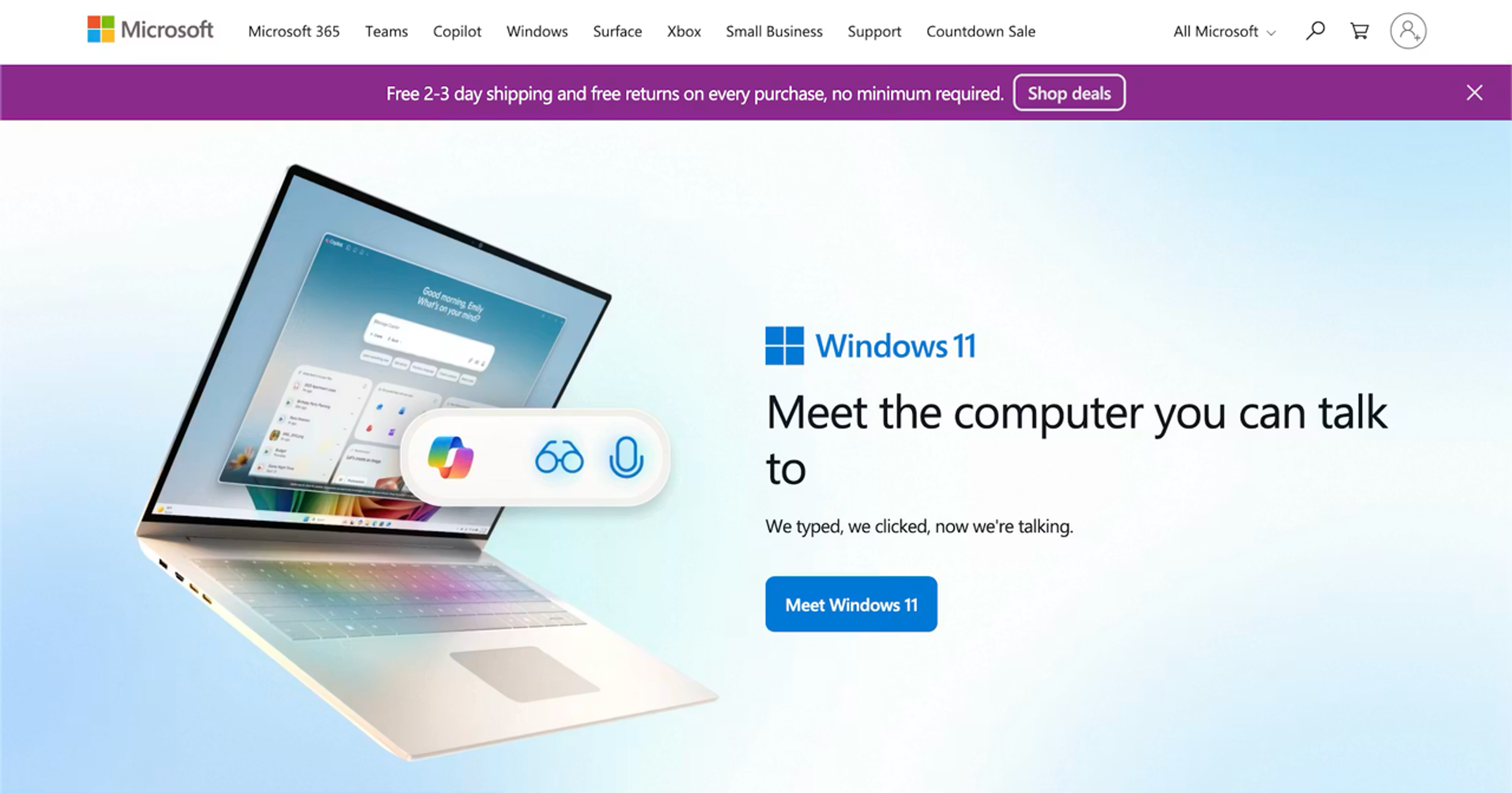 Microsoft homepage with free delivery information shown in a banner