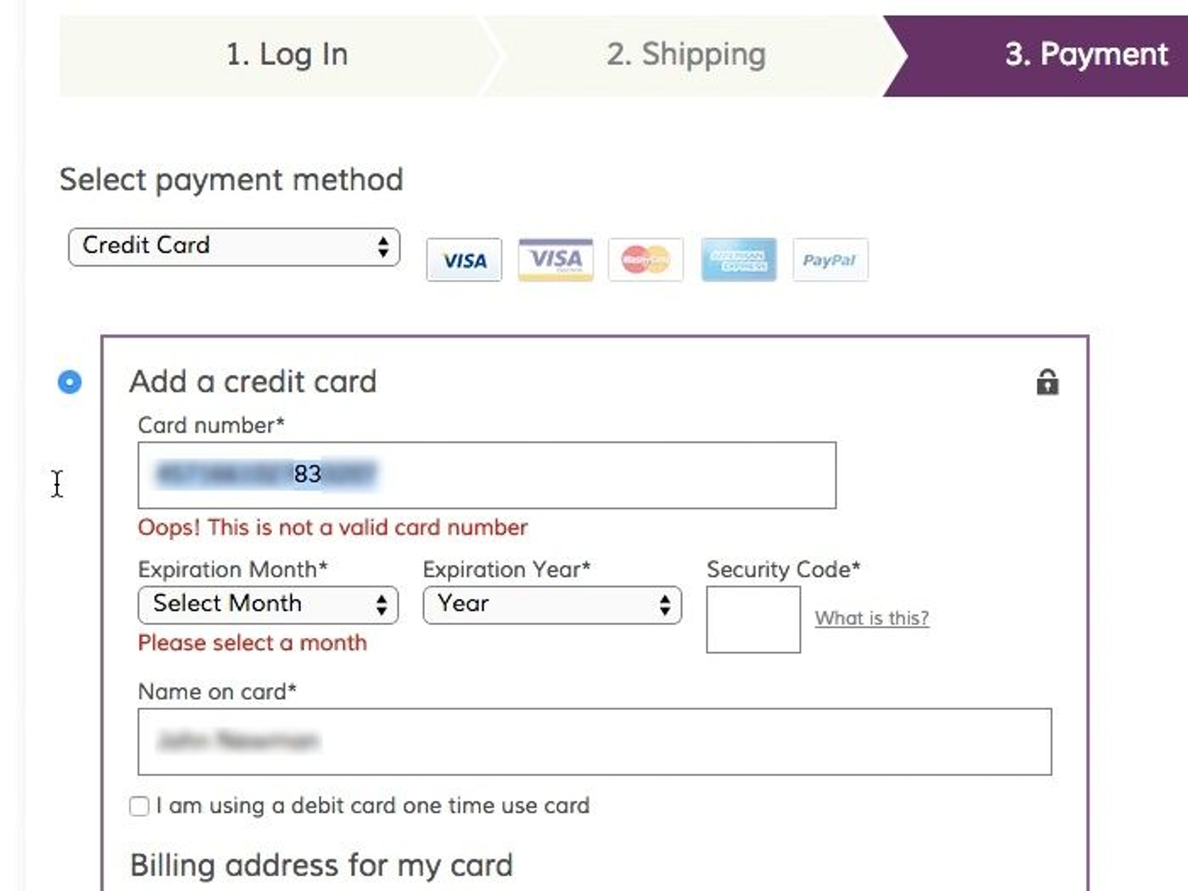 Checkout form at Wayfair showing a live Luhn validation card number error