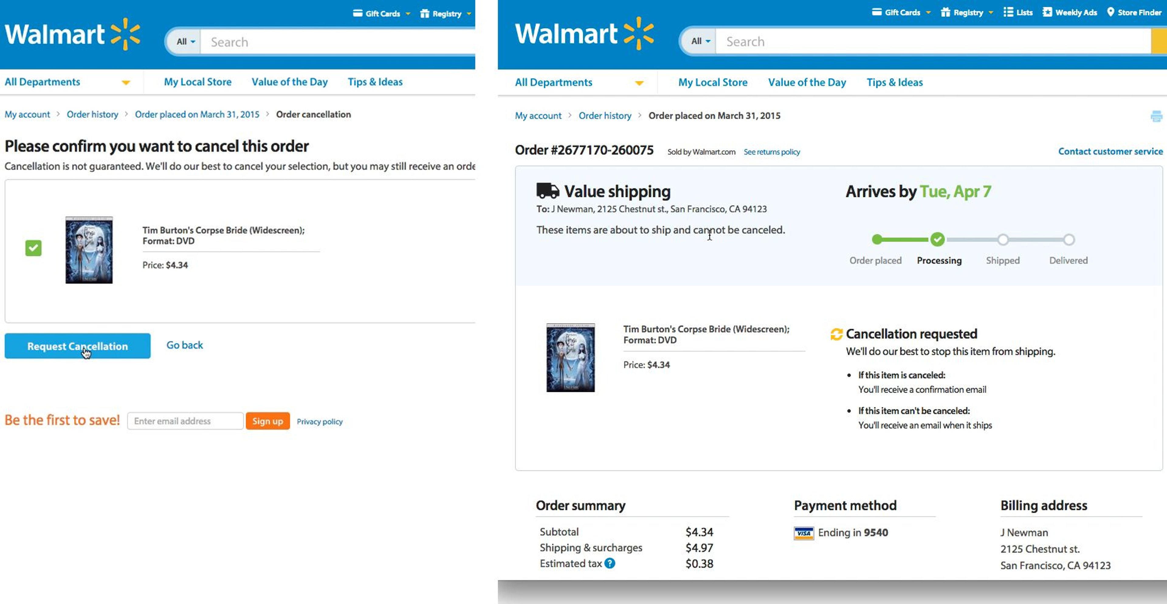 Walmart order cancellation screen