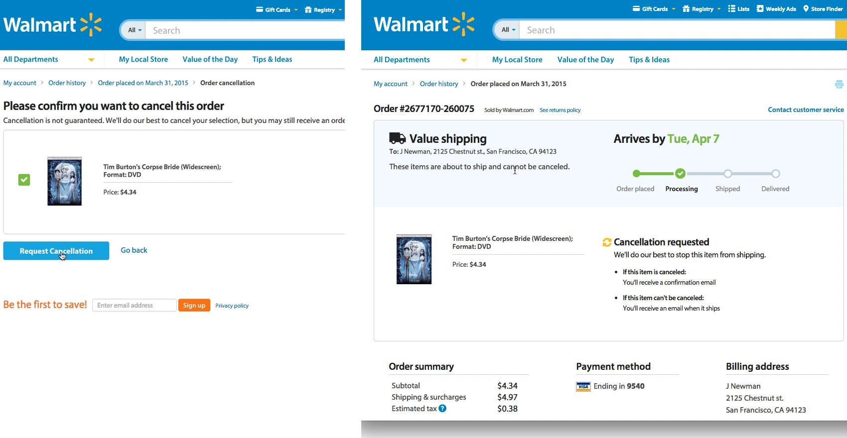 Walmart order cancellation screen