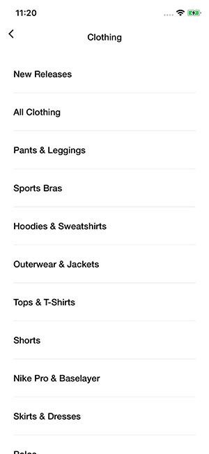 Navigation menu on Nike's mobile app, showing subcategories in the clothing category