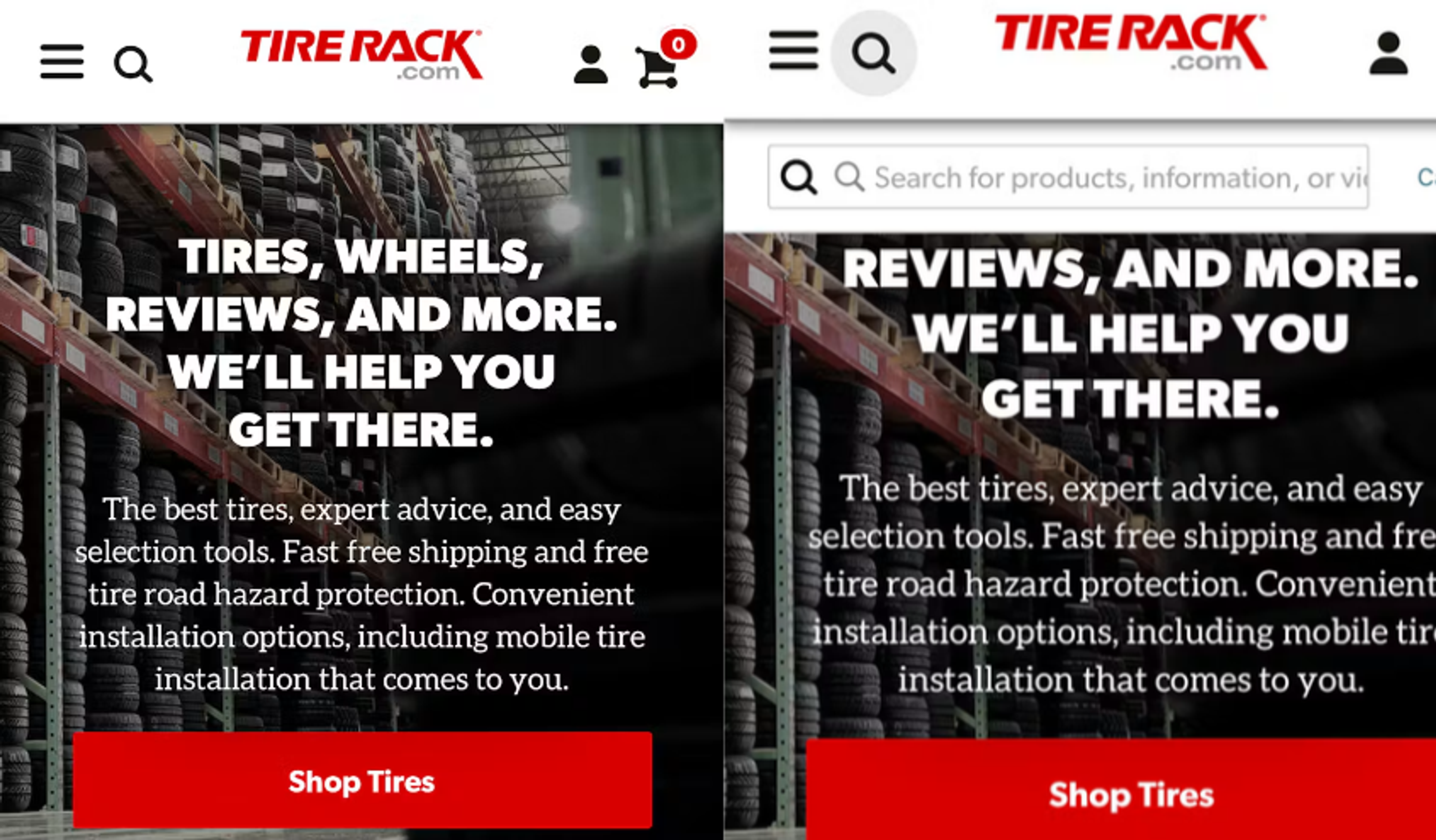 Tire Rack mobile homepage showing magnifying glass icon and then expanded search field once the icon has been clicked.