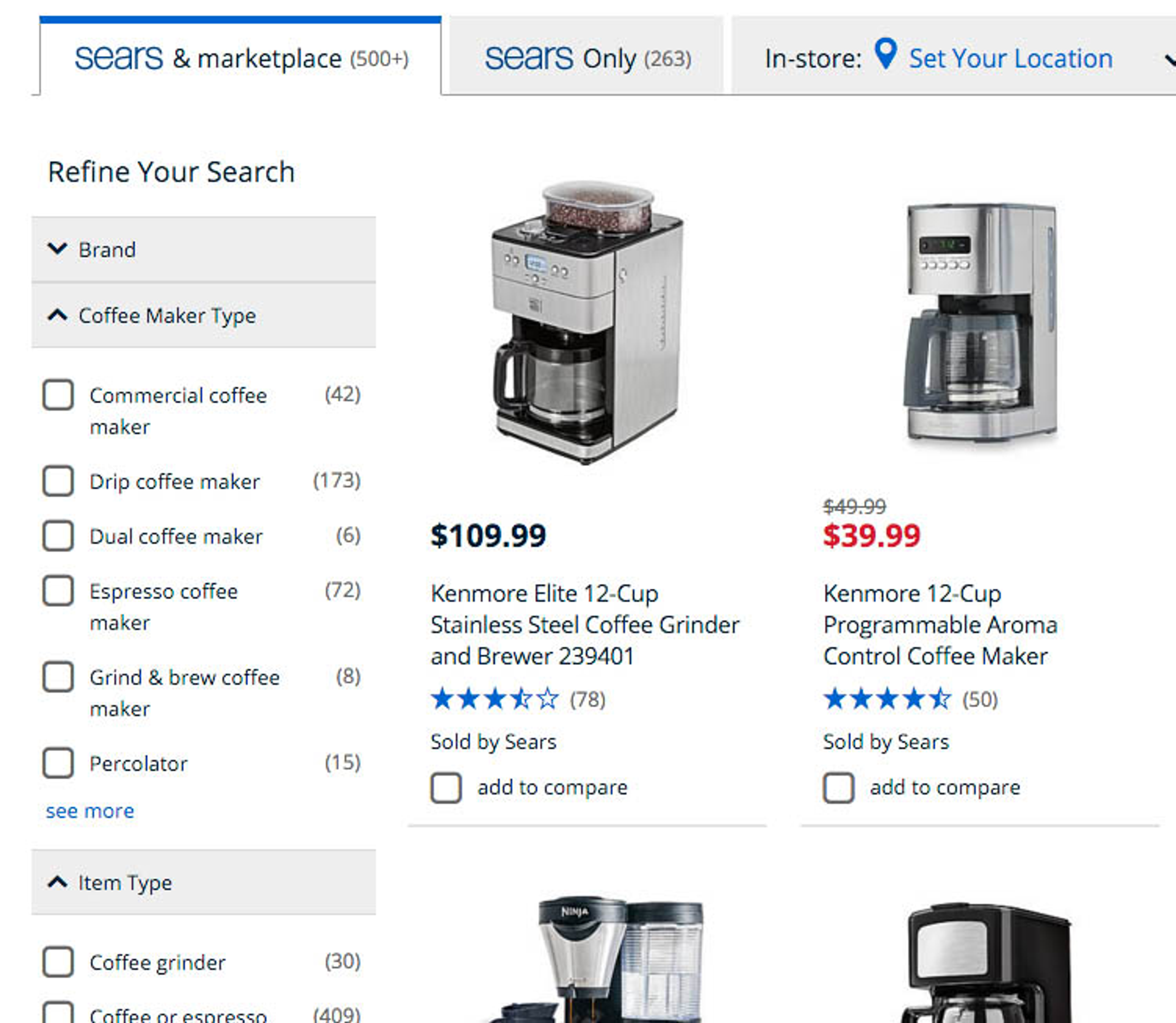 Sears product listing page for coffee makers, showing four products and a filter sidebar