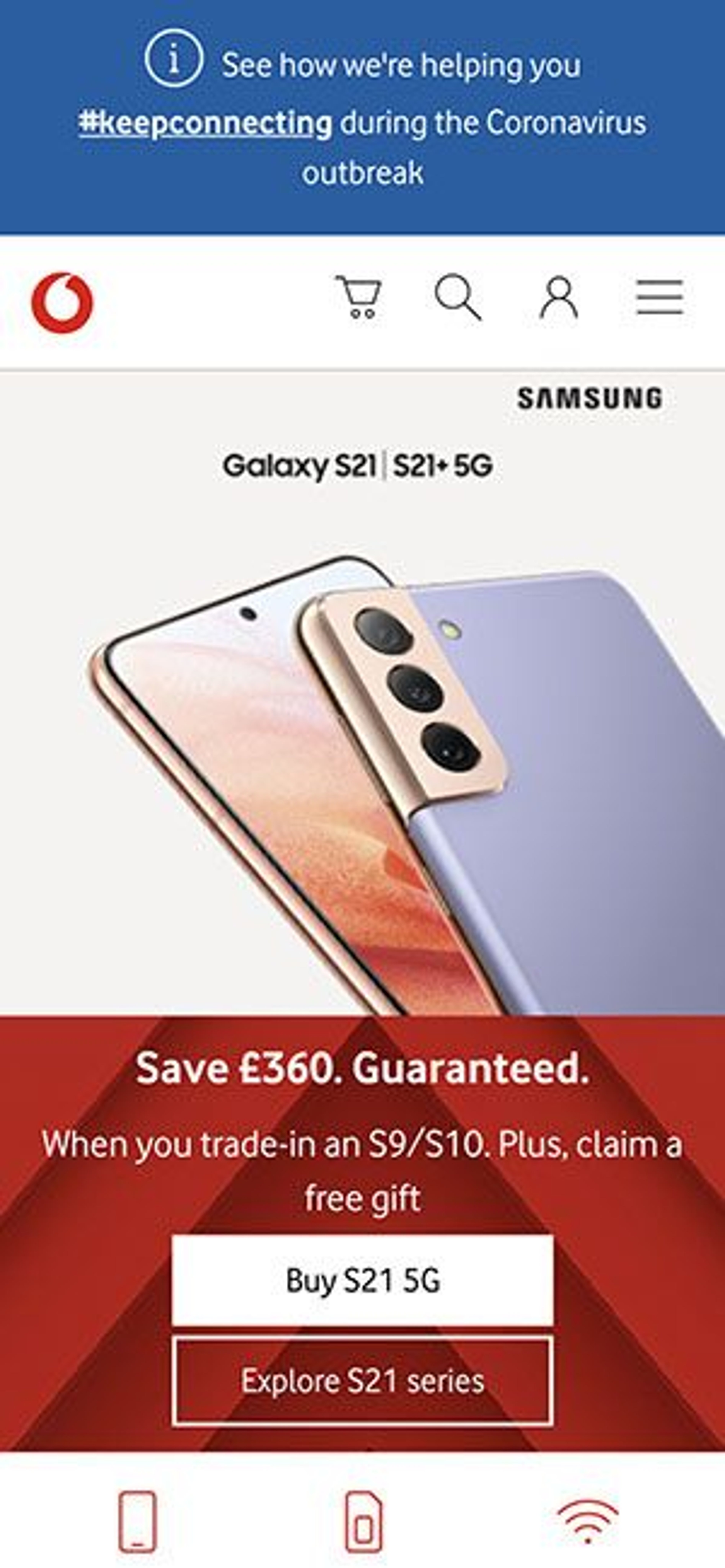 Vodafone UK mobile site showing an ad for the Samsung Galaxy S21 and a call to action to buy