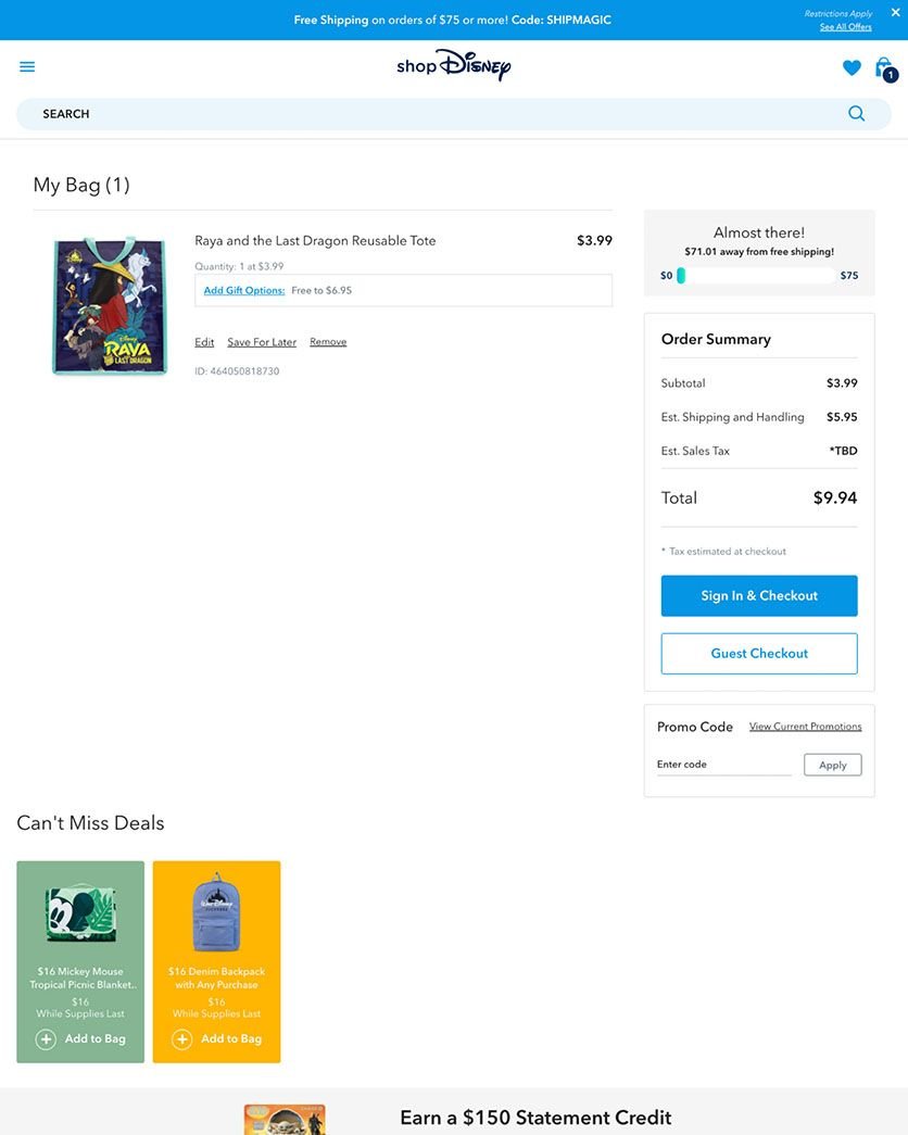 Disney shopping cart showing a Raya and the Last Dragon reusable tote bag