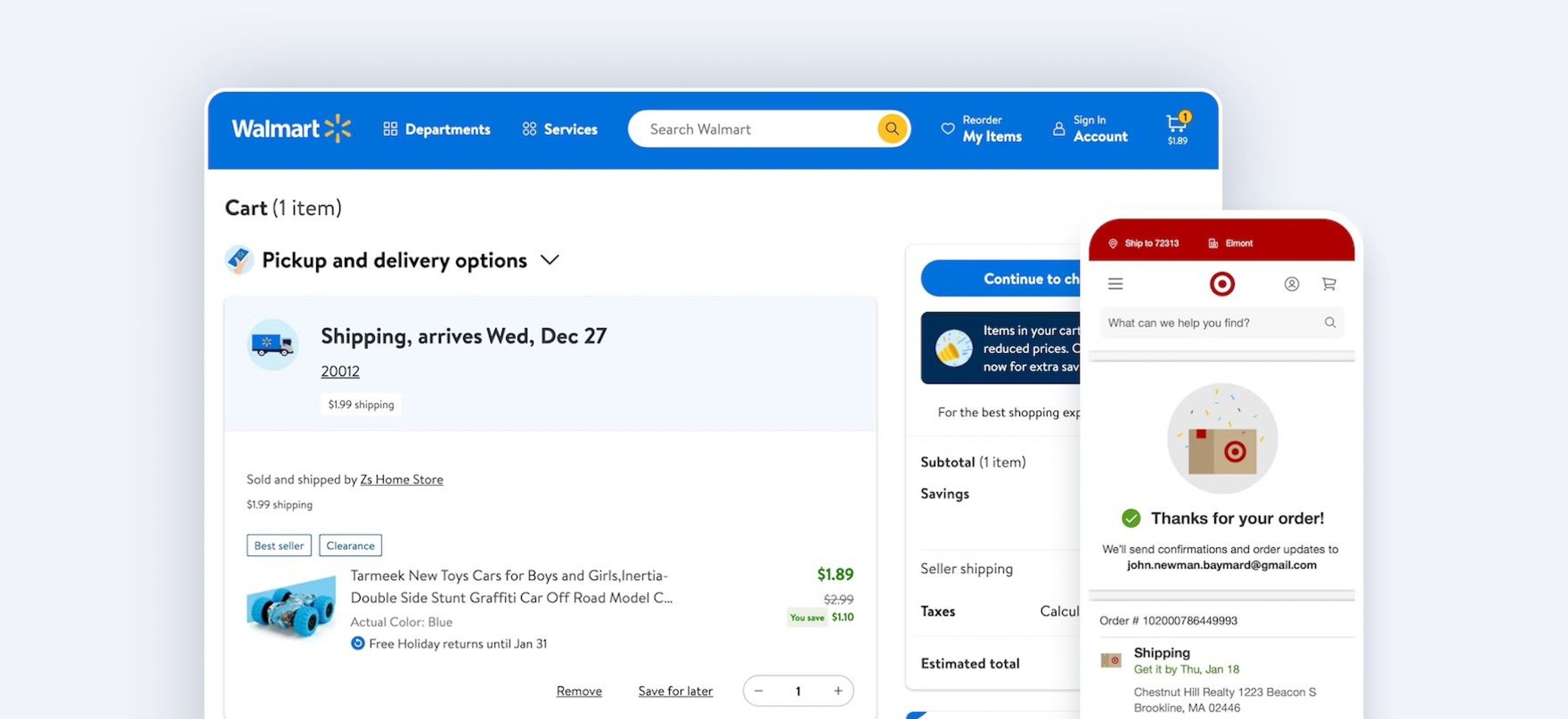 Mobile and desktop ecommerce store cart and order confirmation screens