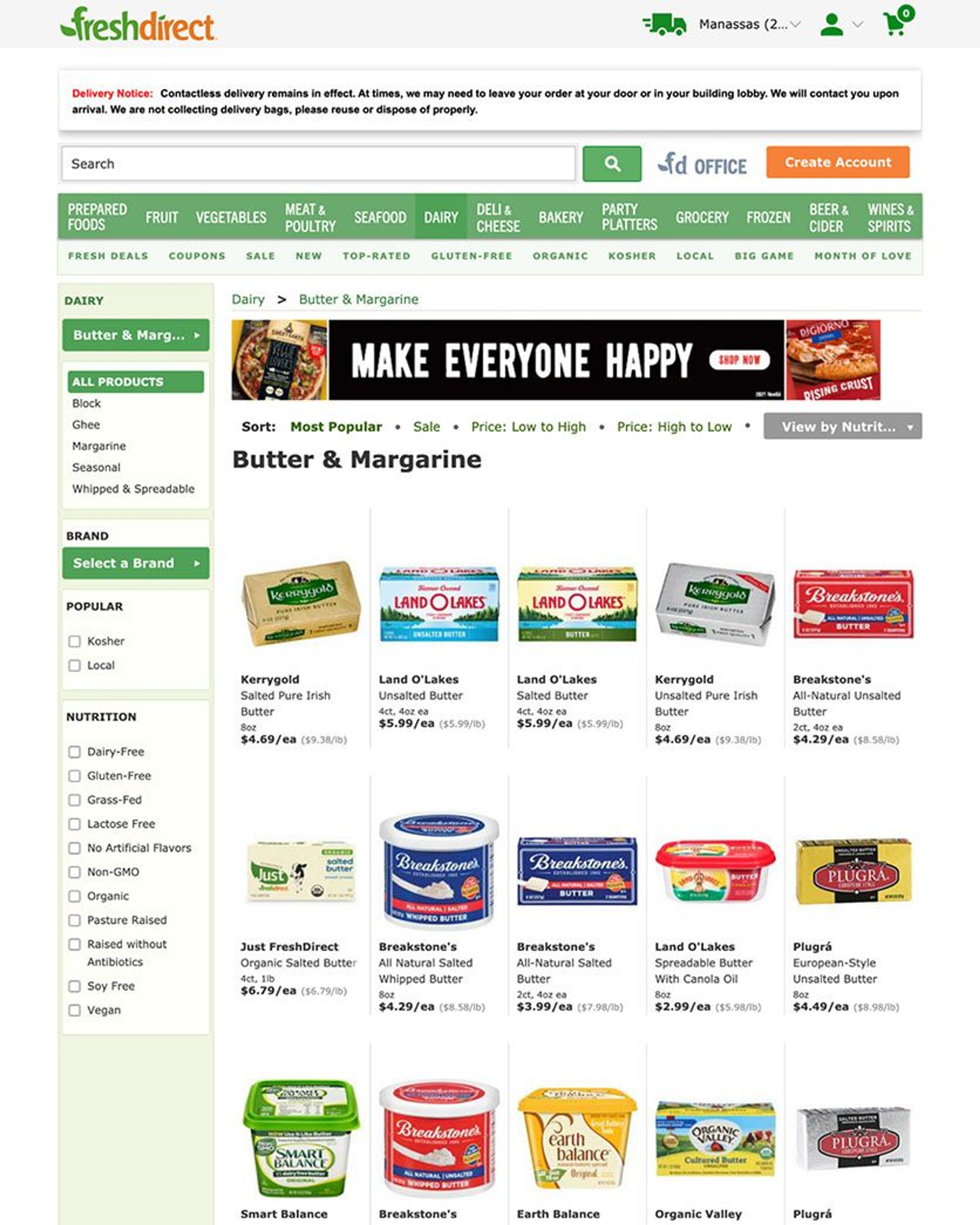 FreshDirect product listing page for butter and margarine showing a range of relevant products