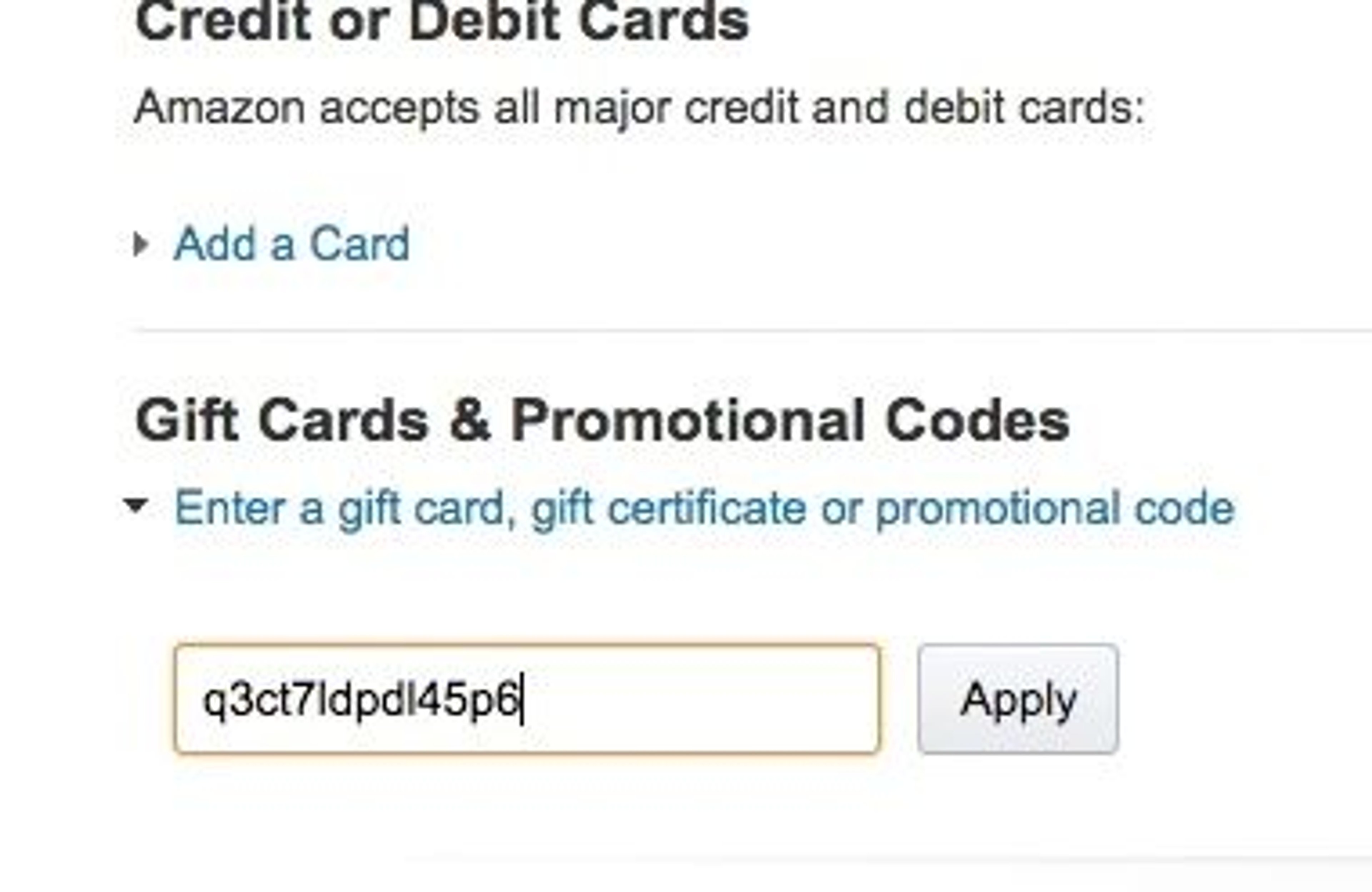 Amazon gift card code entry field filled with a code