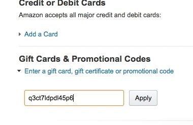 Amazon gift card code entry field filled with a code