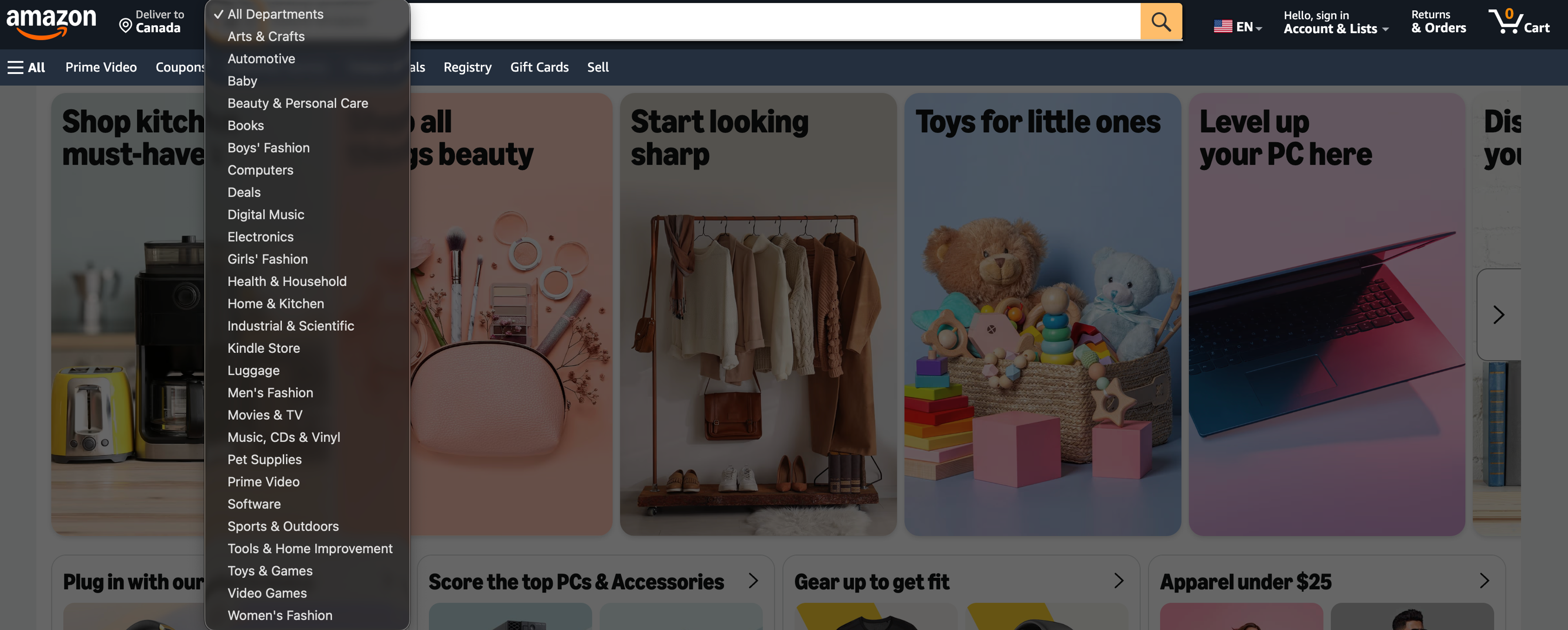 Amazon homepage showing category options to allow a user to narrow their search query.