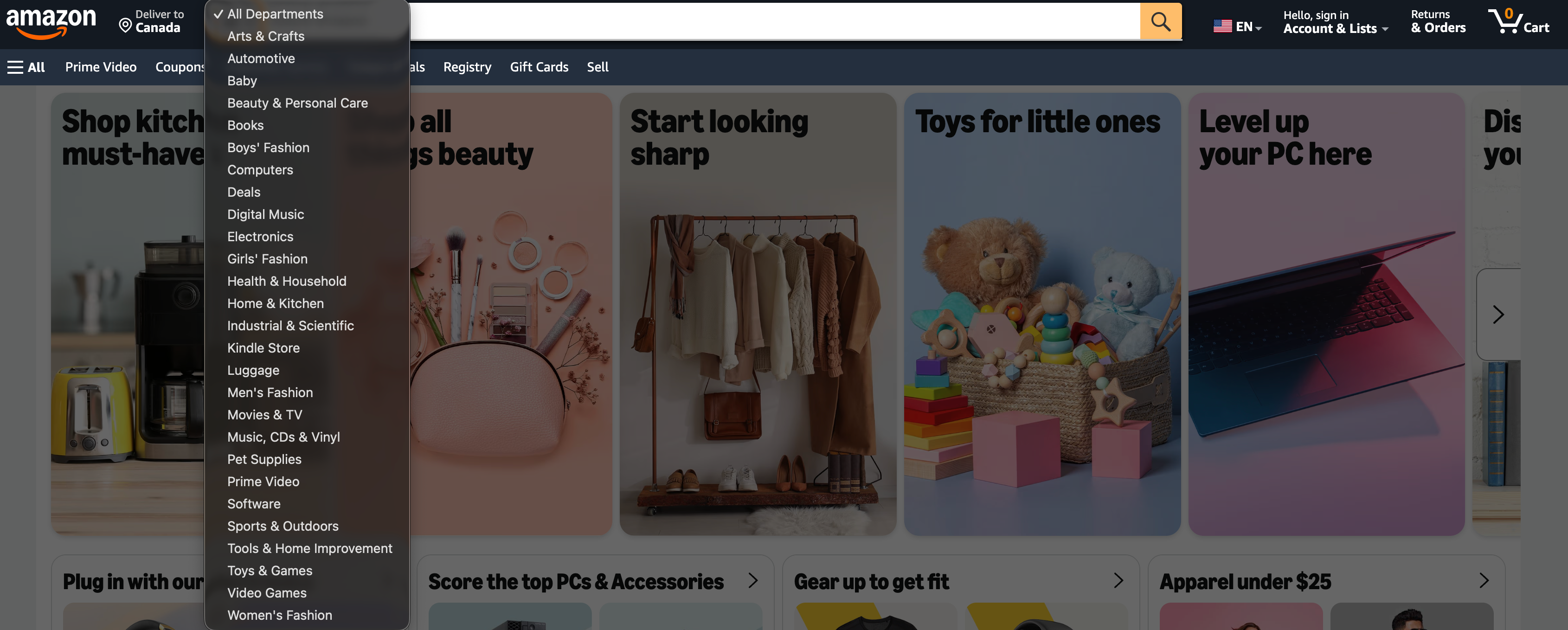 Amazon homepage showing category options to allow a user to narrow their search query.
