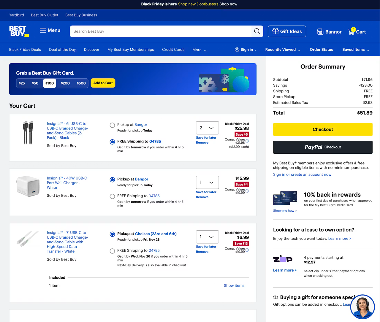 Best Buy's cart page with clear cost details