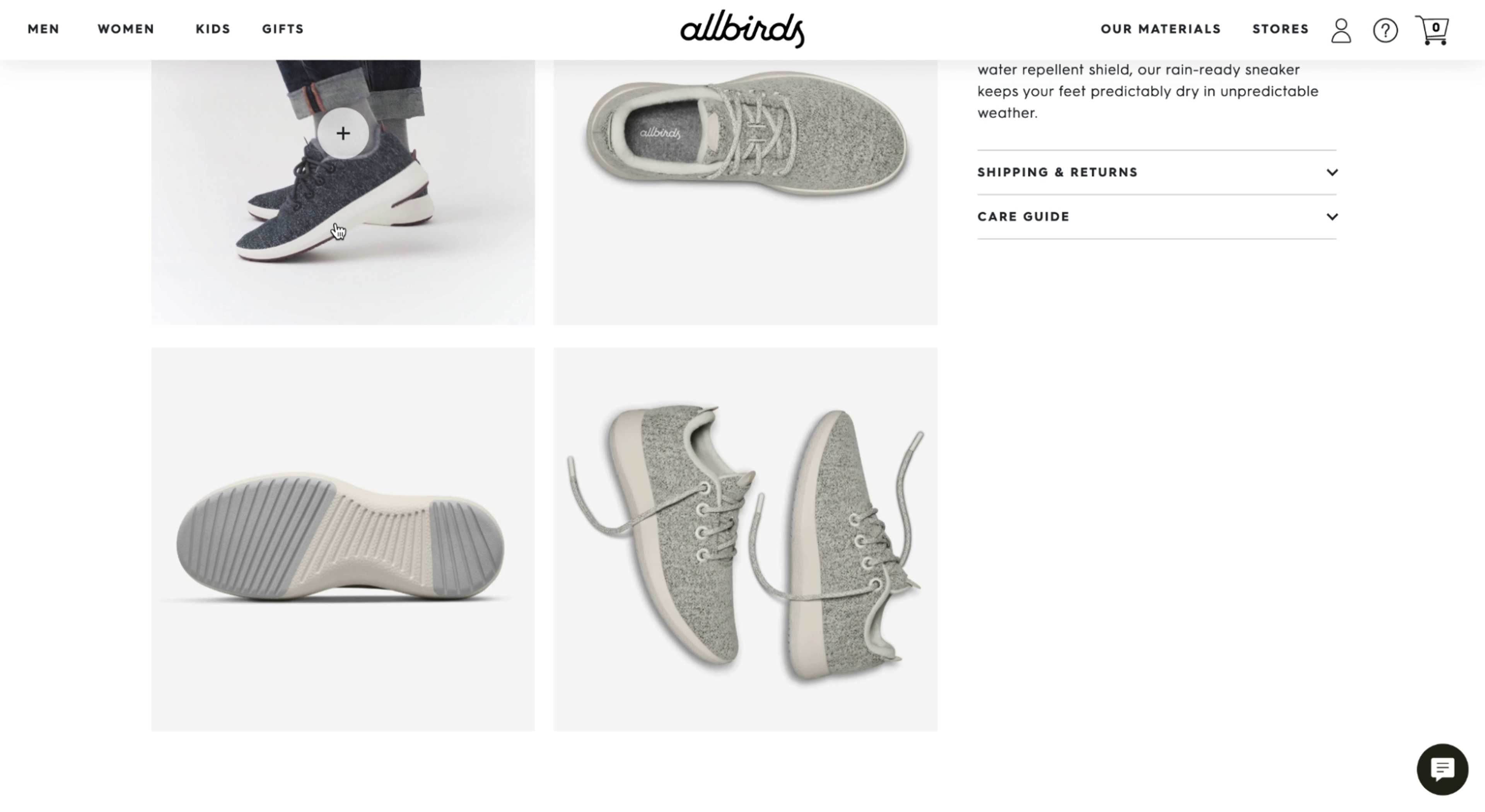 Allbirds product page for a pair of shoes