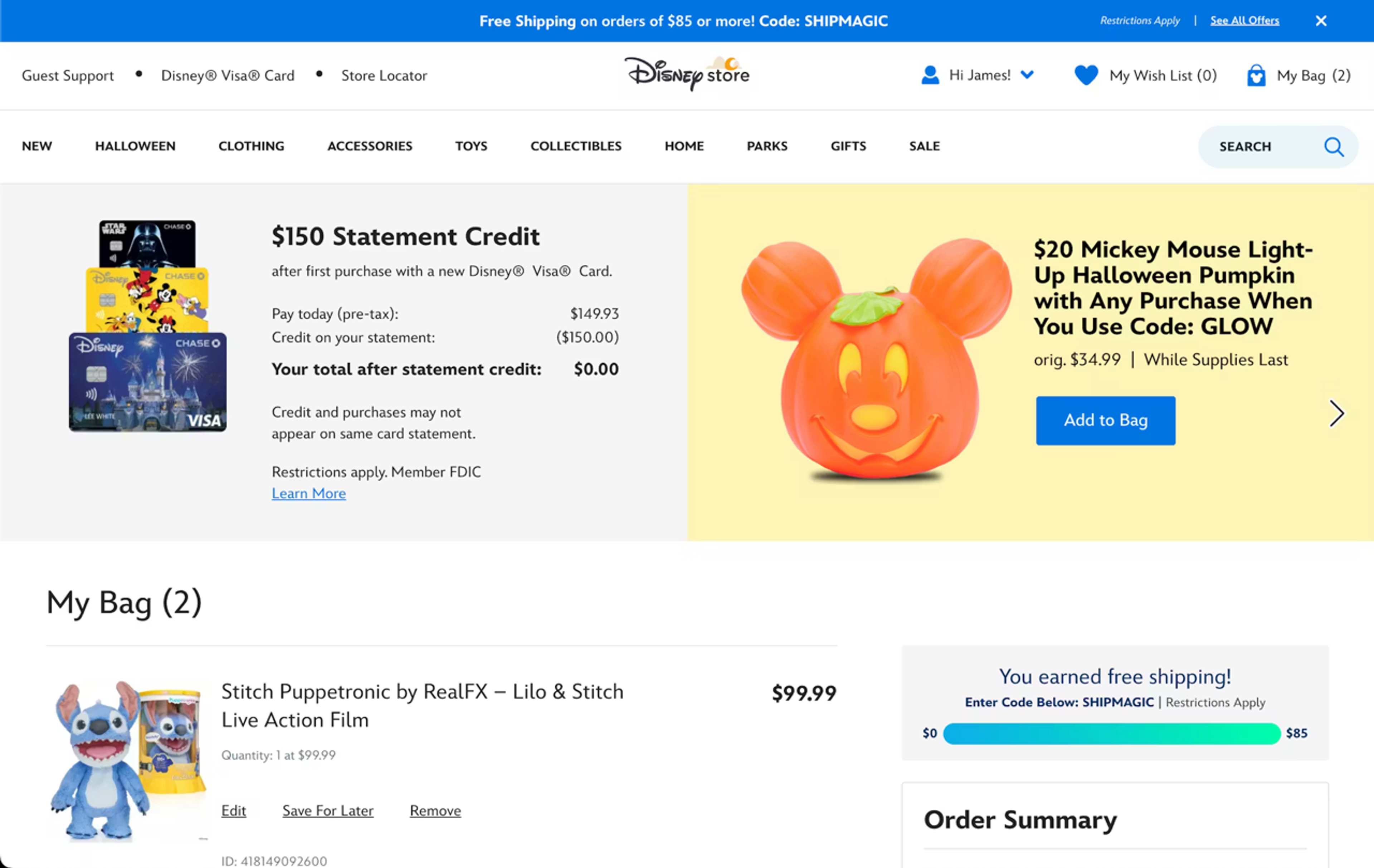 Cart page on Disney's ecommerce website with aggressive ads and cross-sells
