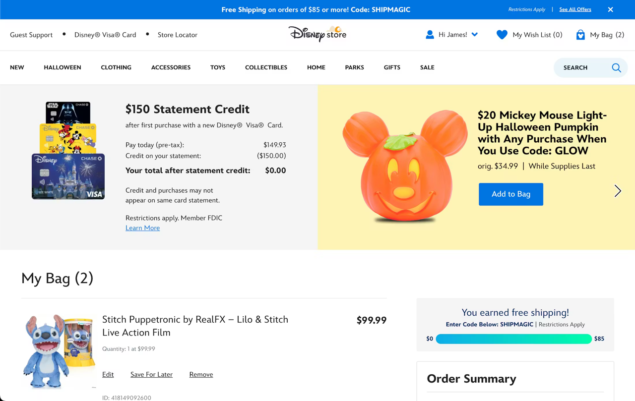 Cart page on Disney's ecommerce website with aggressive ads and cross-sells