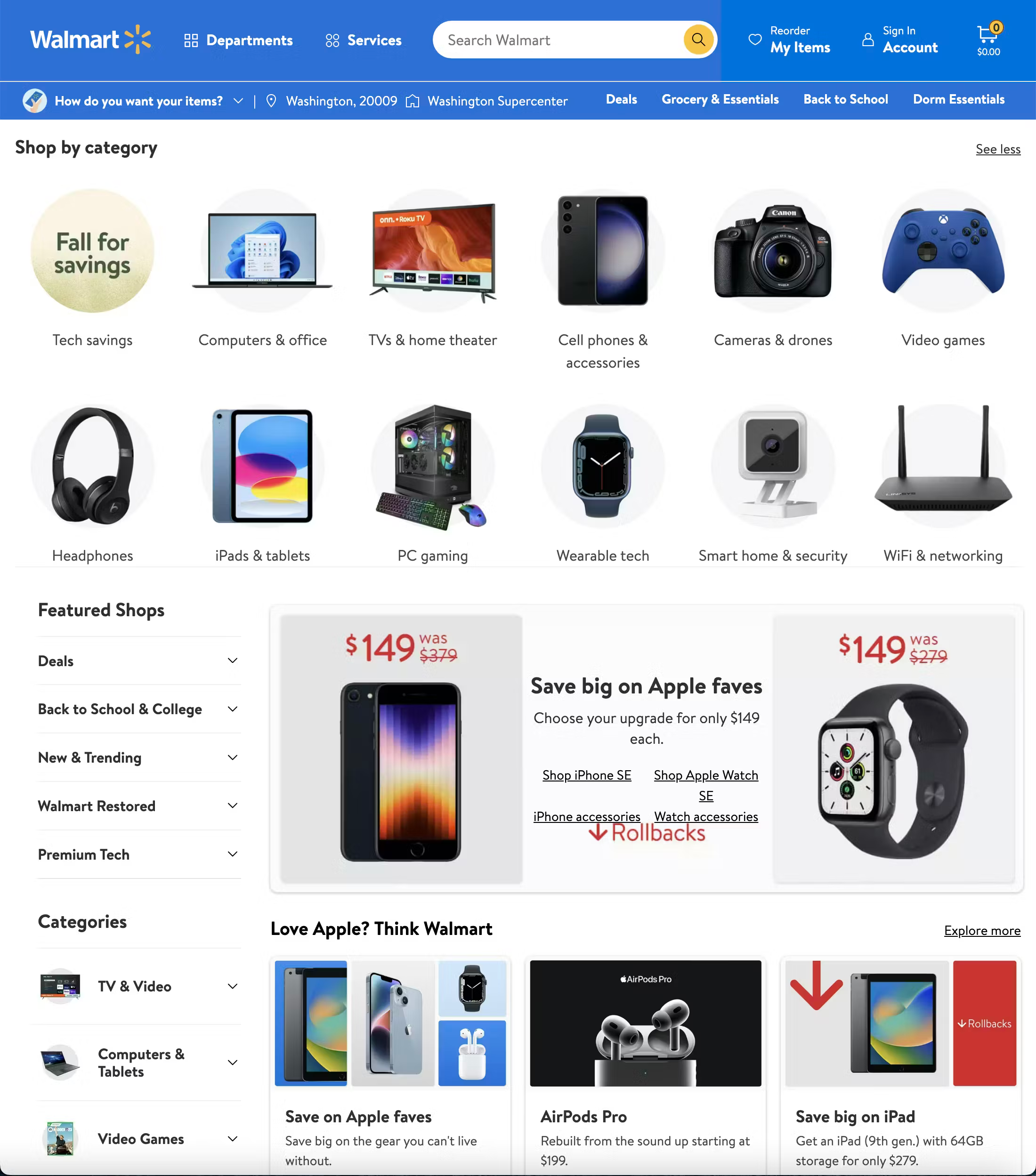 Walmart electricals category page with subcategory links supported by clear thumbnail images.
