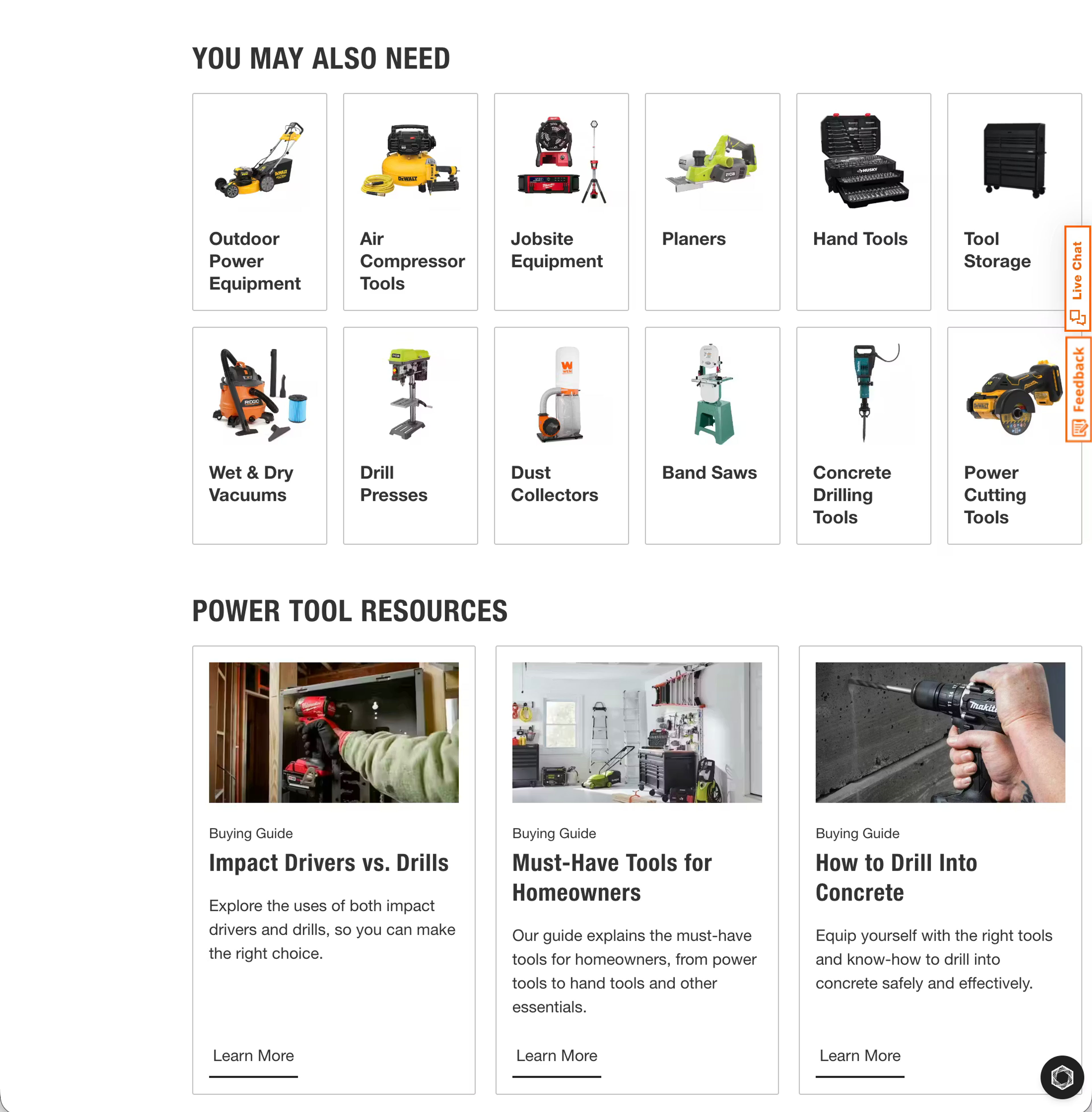 Power tools subcategory page on Home Depot's website 