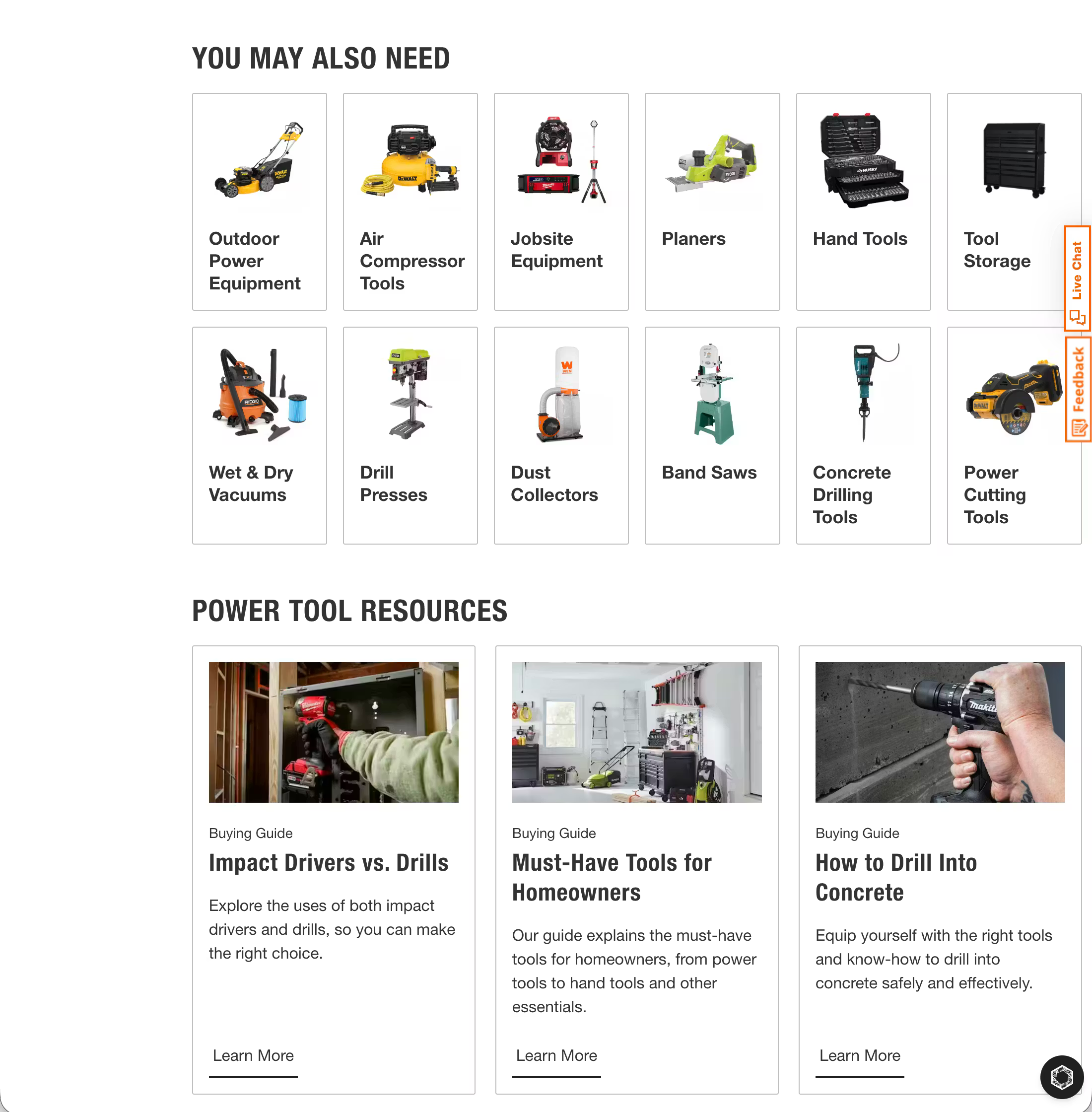 Power tools subcategory page on Home Depot's website