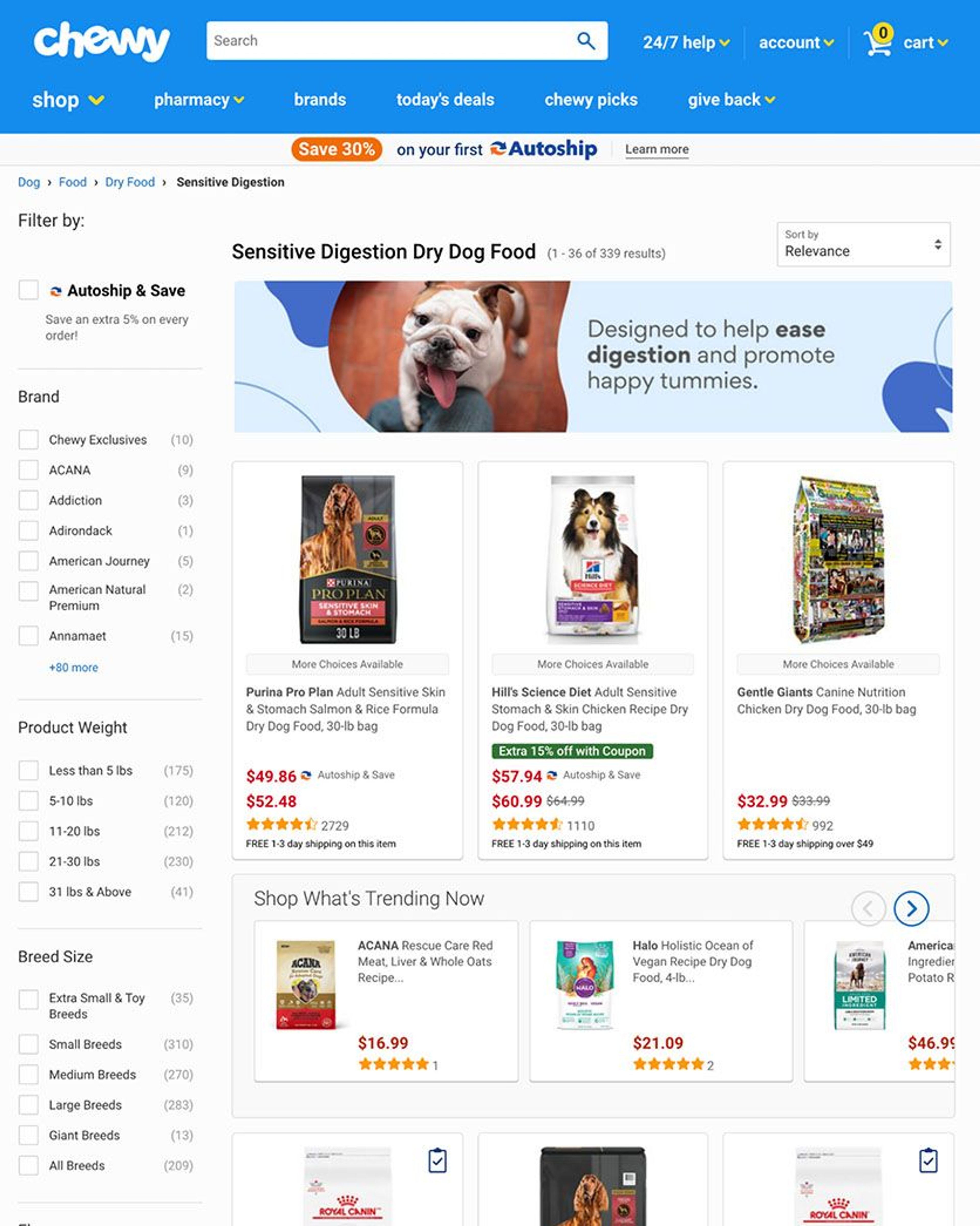 Chewy product listing page for dog food, including a sidebar with relevant filters
