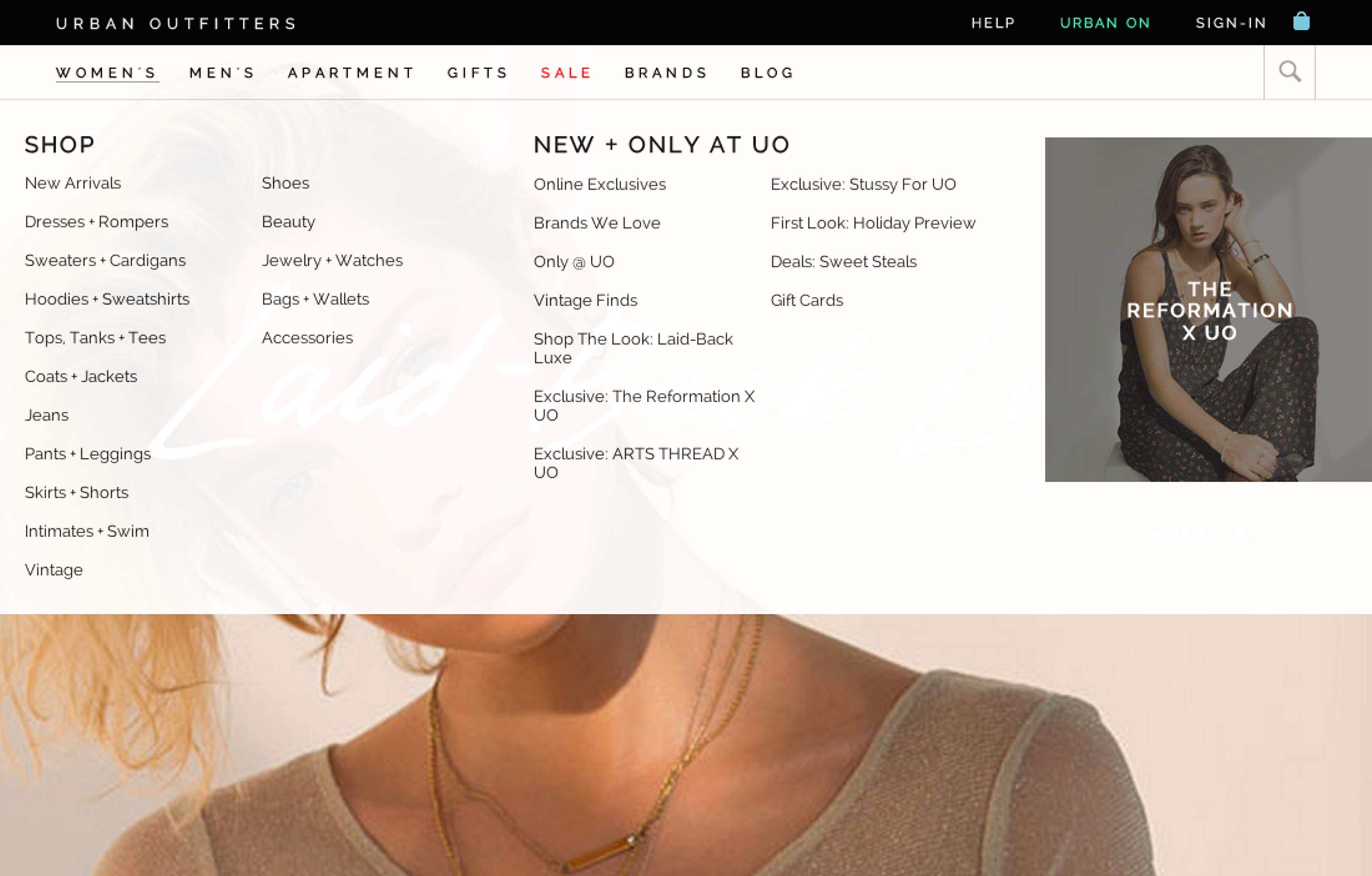 Urban Outfitters menu navigation showing all available women's clothing subcategories