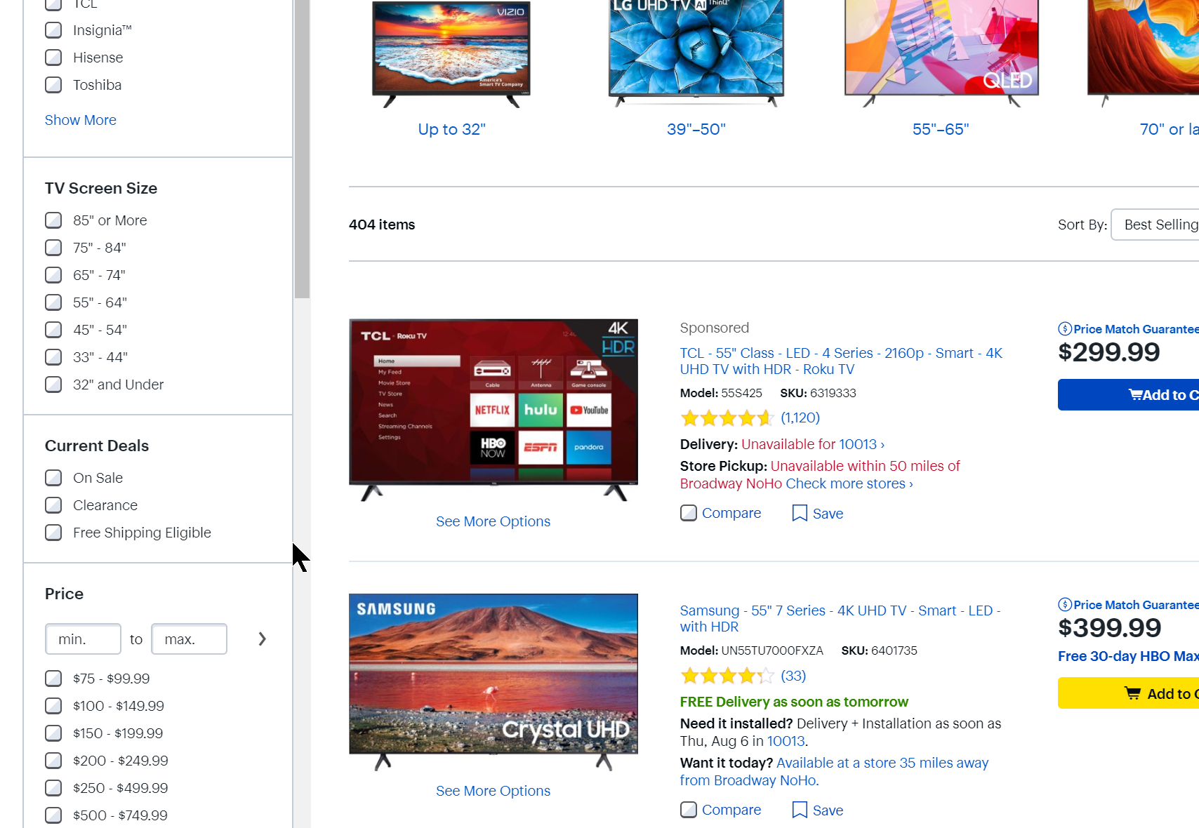 Best Buy's product listing page for televisions, showing available filters in a sidebar