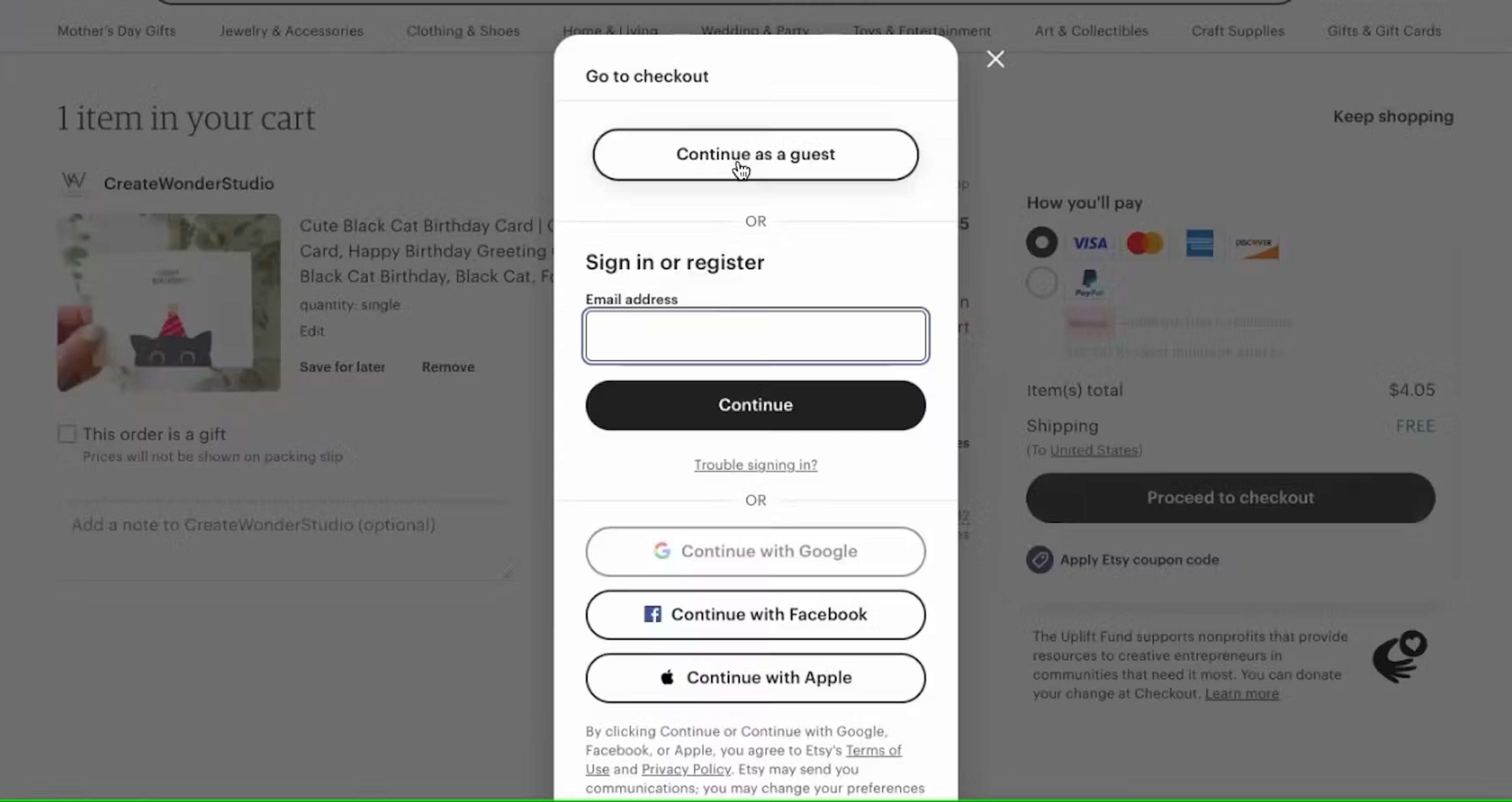 Prominent guest checkout option on Etsy's website checkout flow
