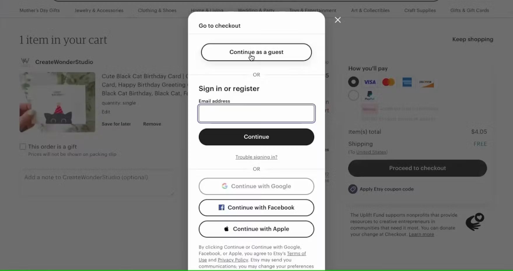 Prominent guest checkout option on Etsy's website checkout flow