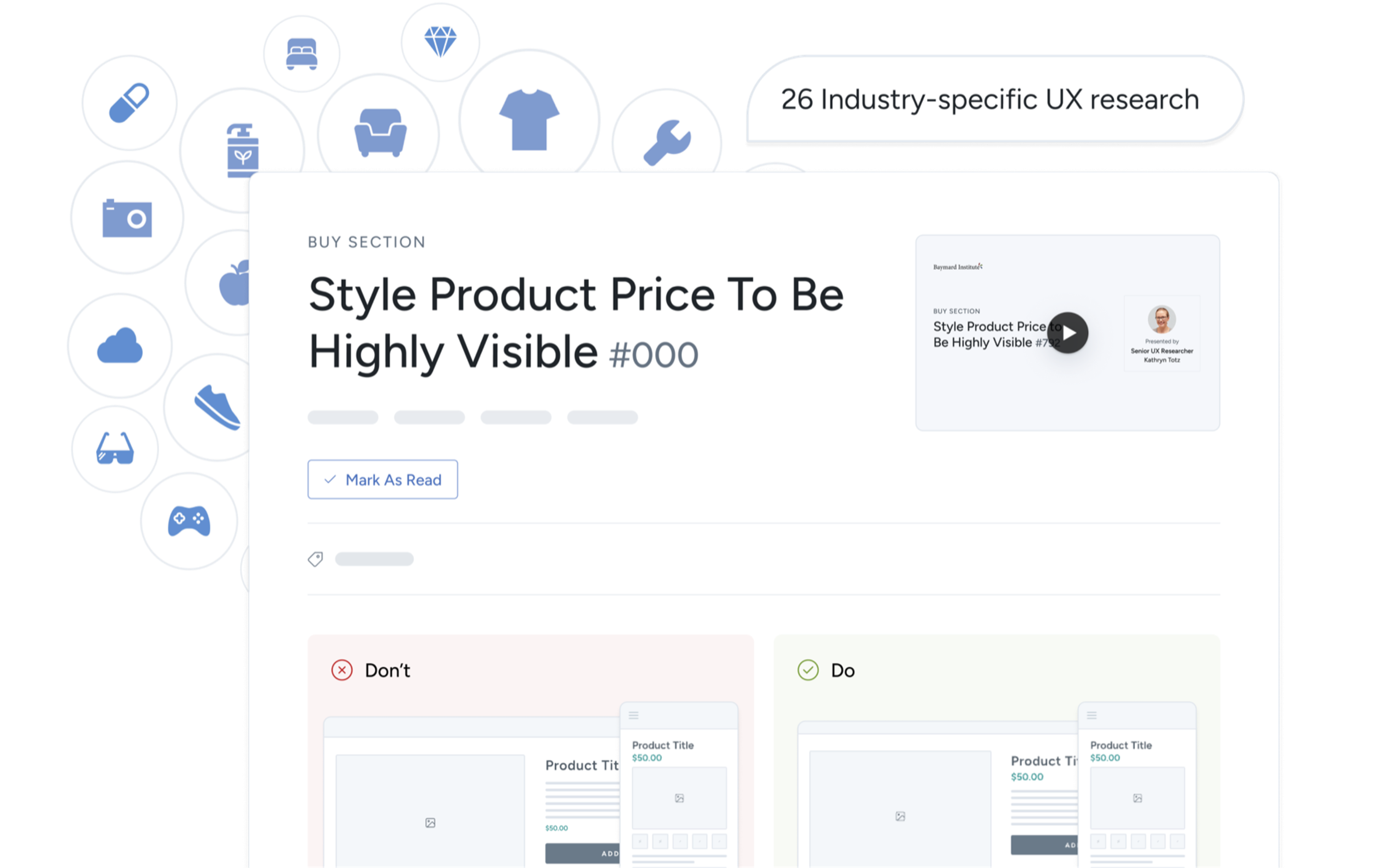 A Baymard UX guideline with do and don’t examples alongside industry research areas
