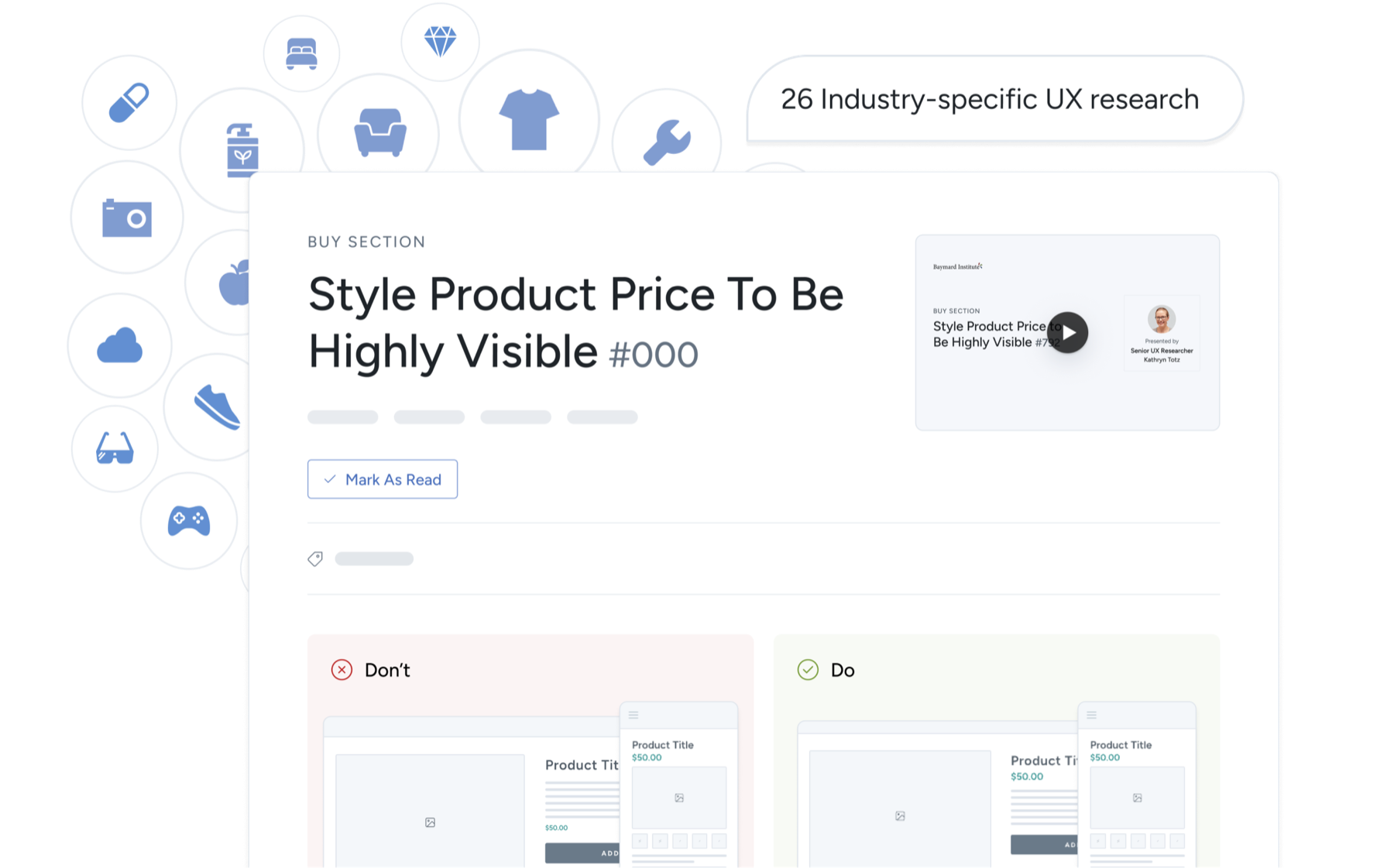 A Baymard UX guideline with do and don’t examples alongside industry research areas
