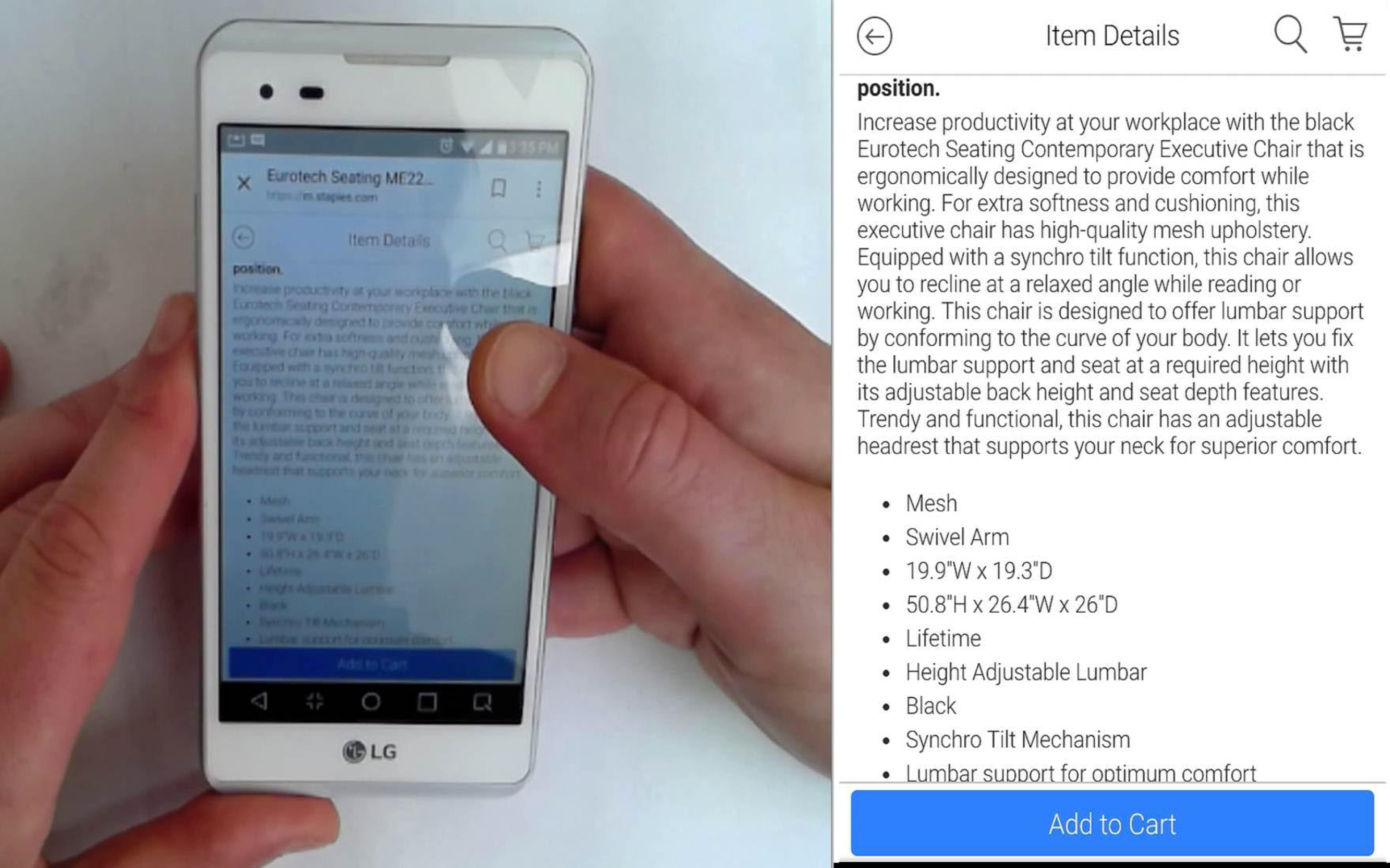 A user browsing a product description for an executive chair on the Staples website on an LG smartphone