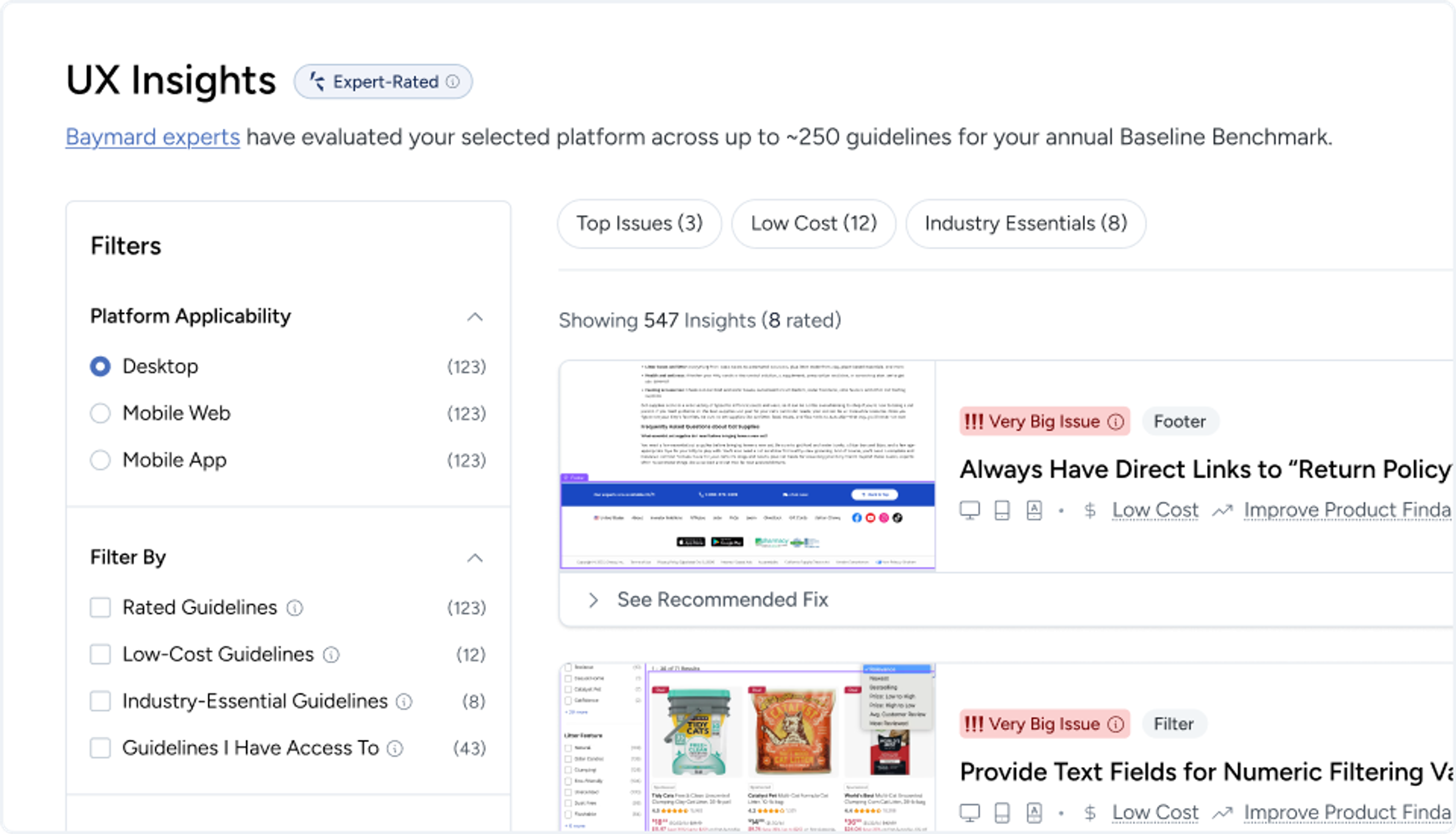 Example of AI-driven UX insights for a product page design