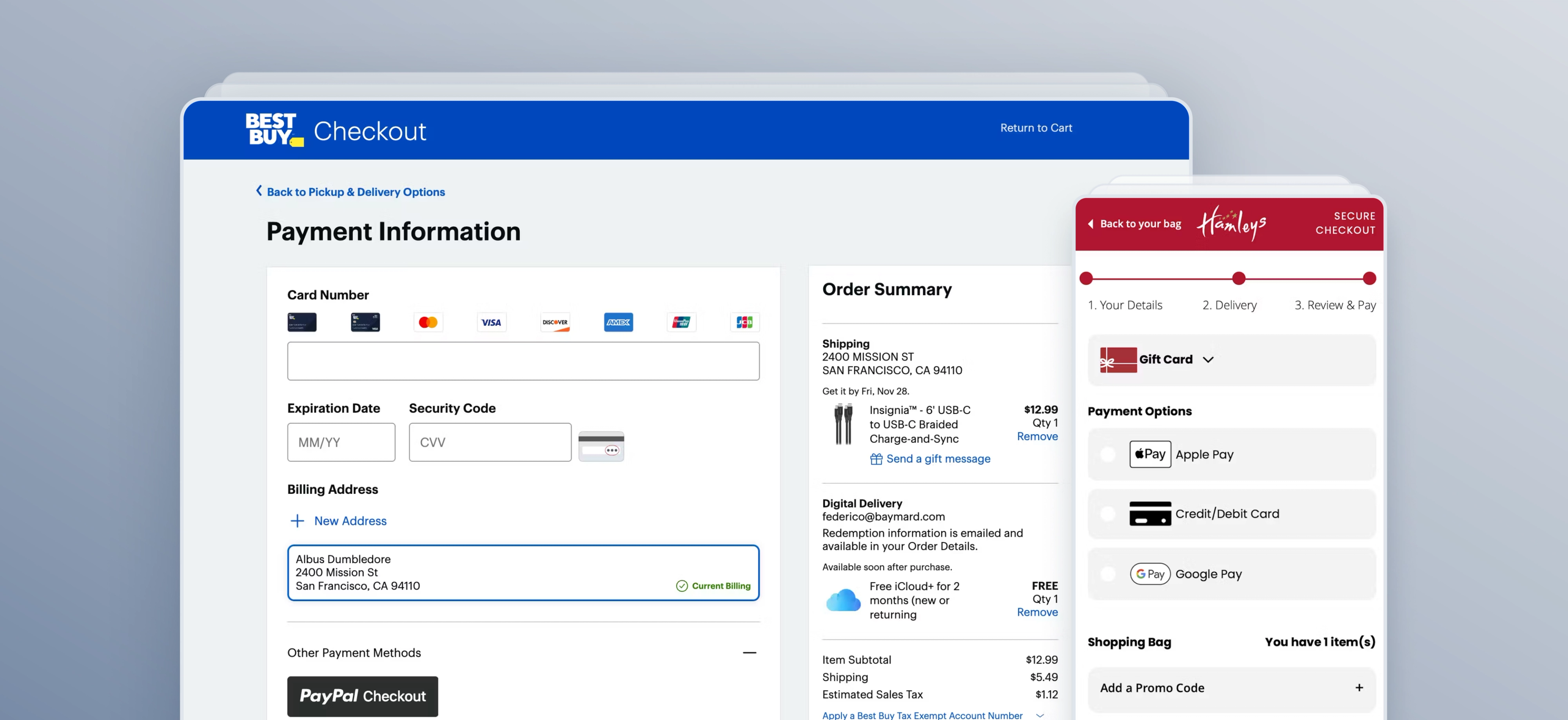 Screenshots of payment screens on Best Buy (desktop) and Hamleys (mobile) ecommerce websites