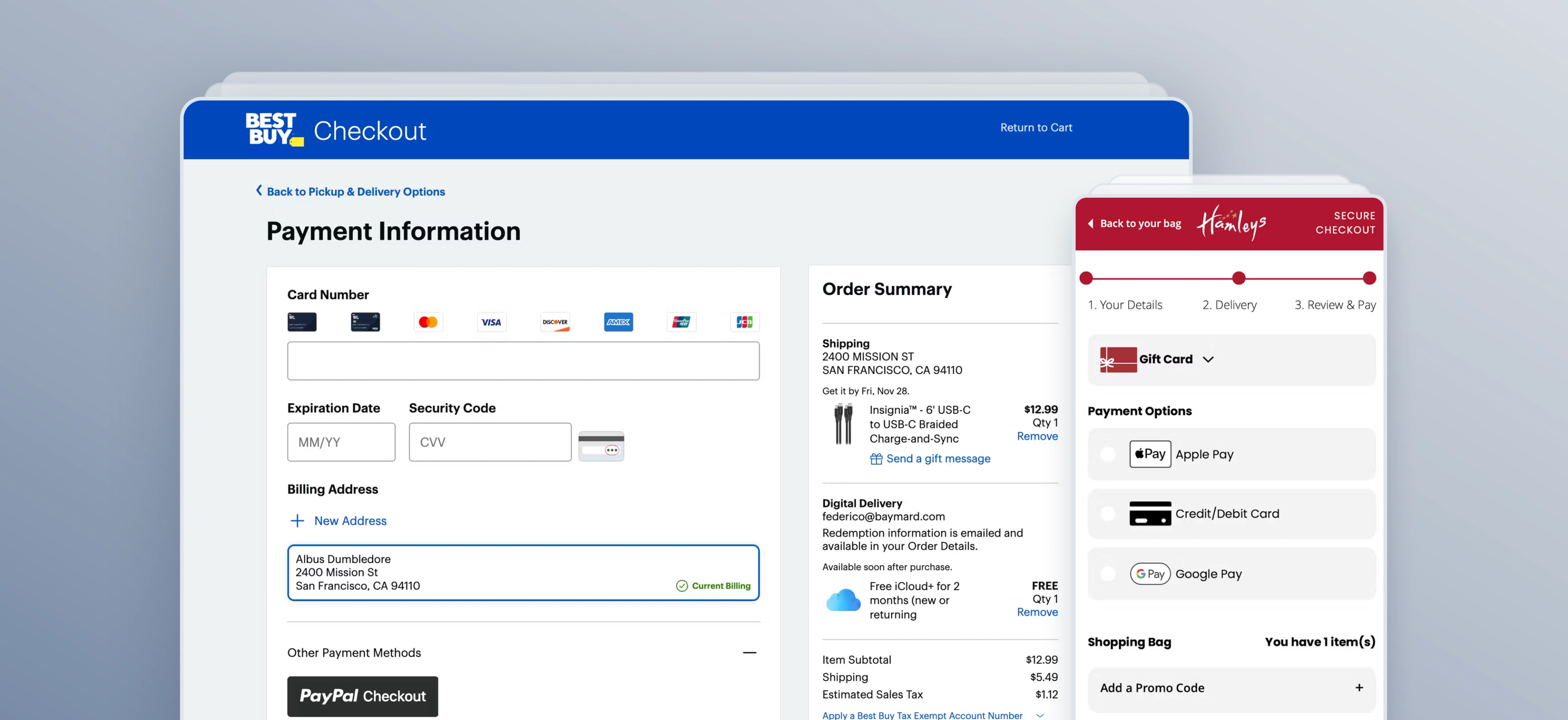 Screenshots of payment screens on Best Buy (desktop) and Hamleys (mobile) ecommerce websites