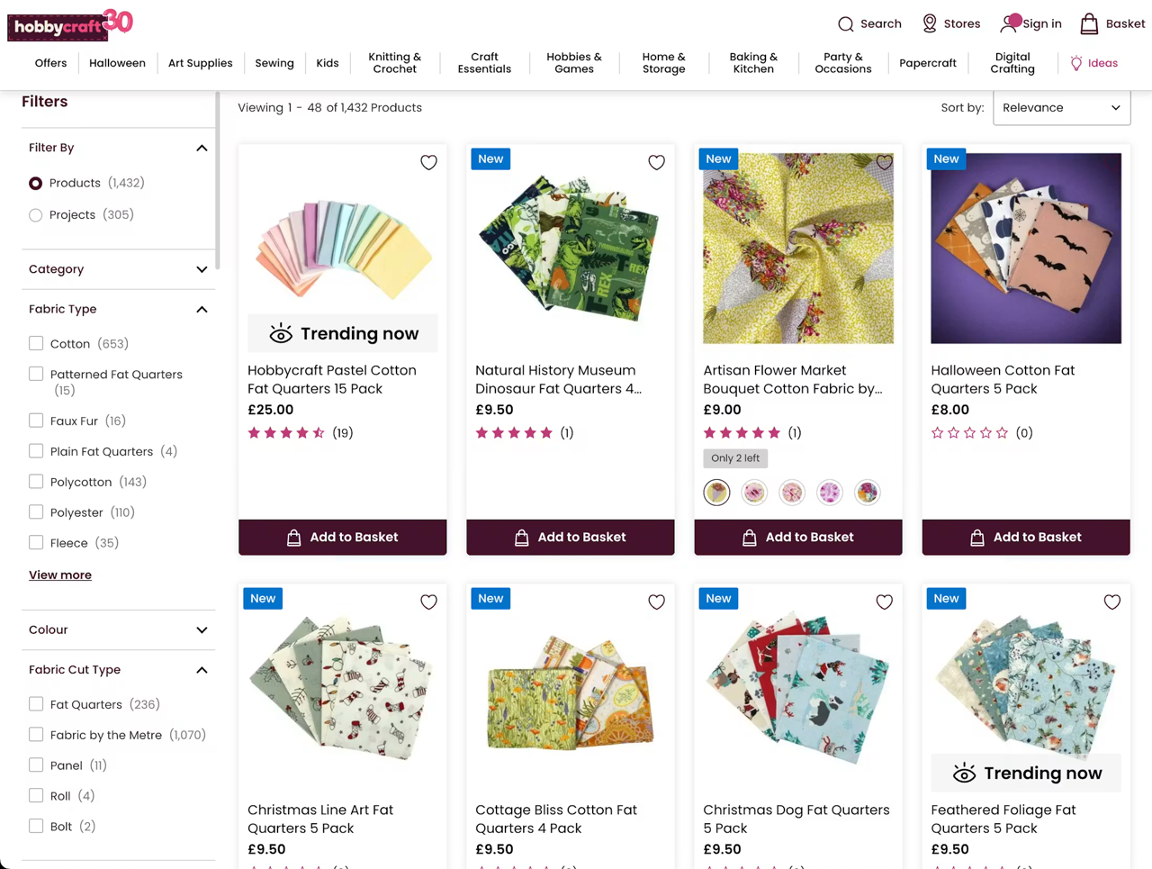 Category-specific filters on the Hobbycraft website