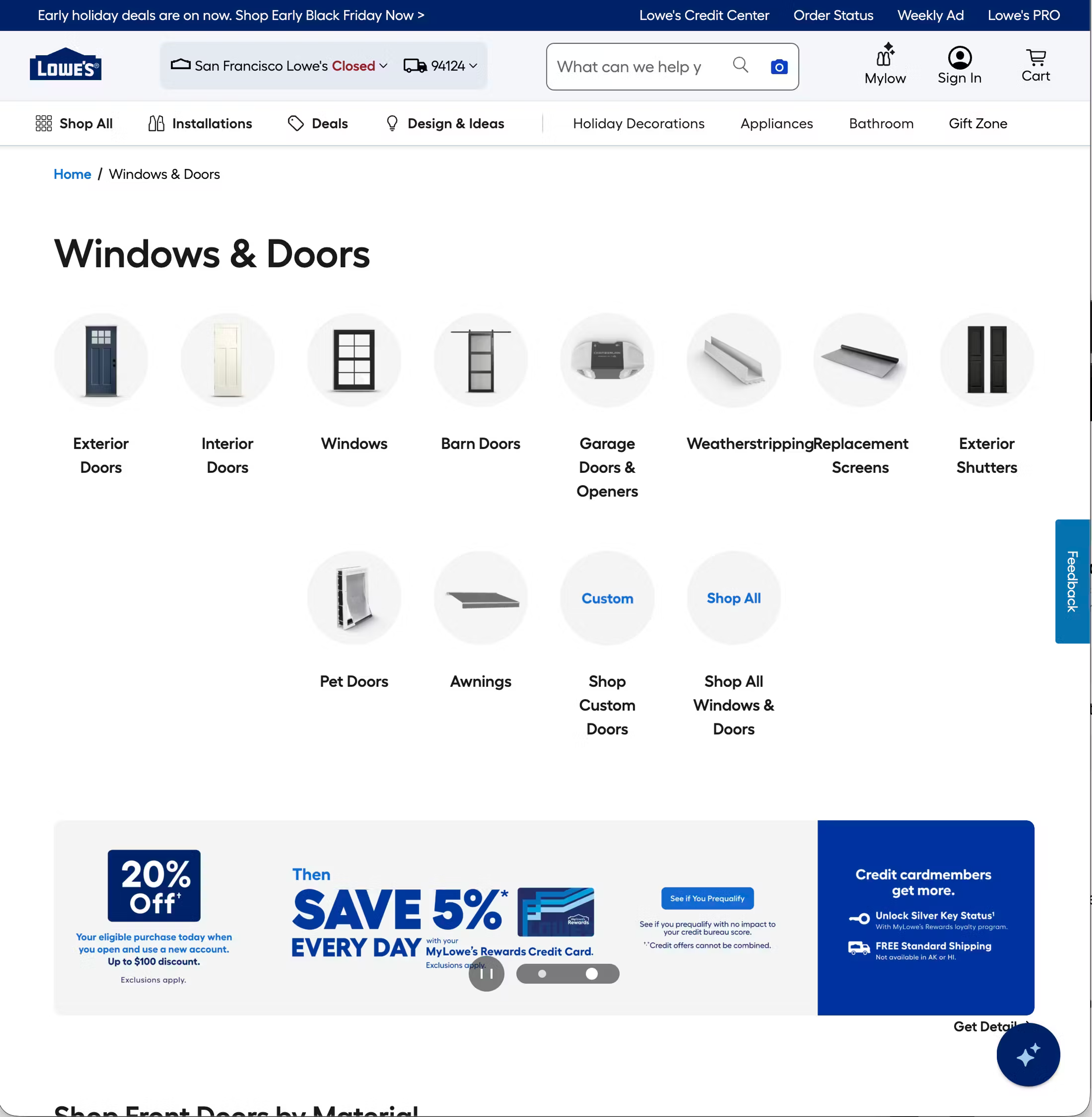 Intermediary category page on the Lowe's website, showing subcategories of windows and doors