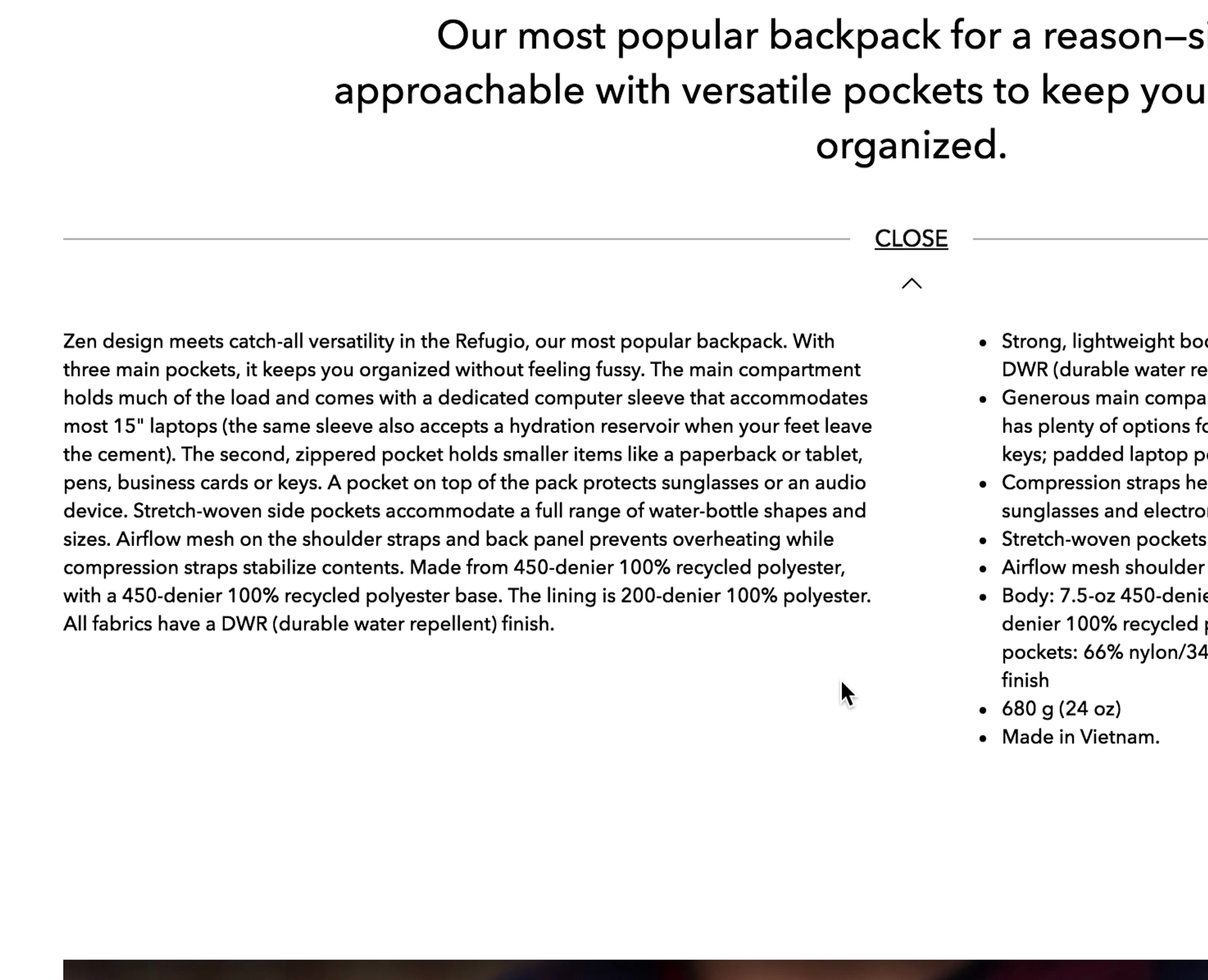 A product description for a bag at Patagonia