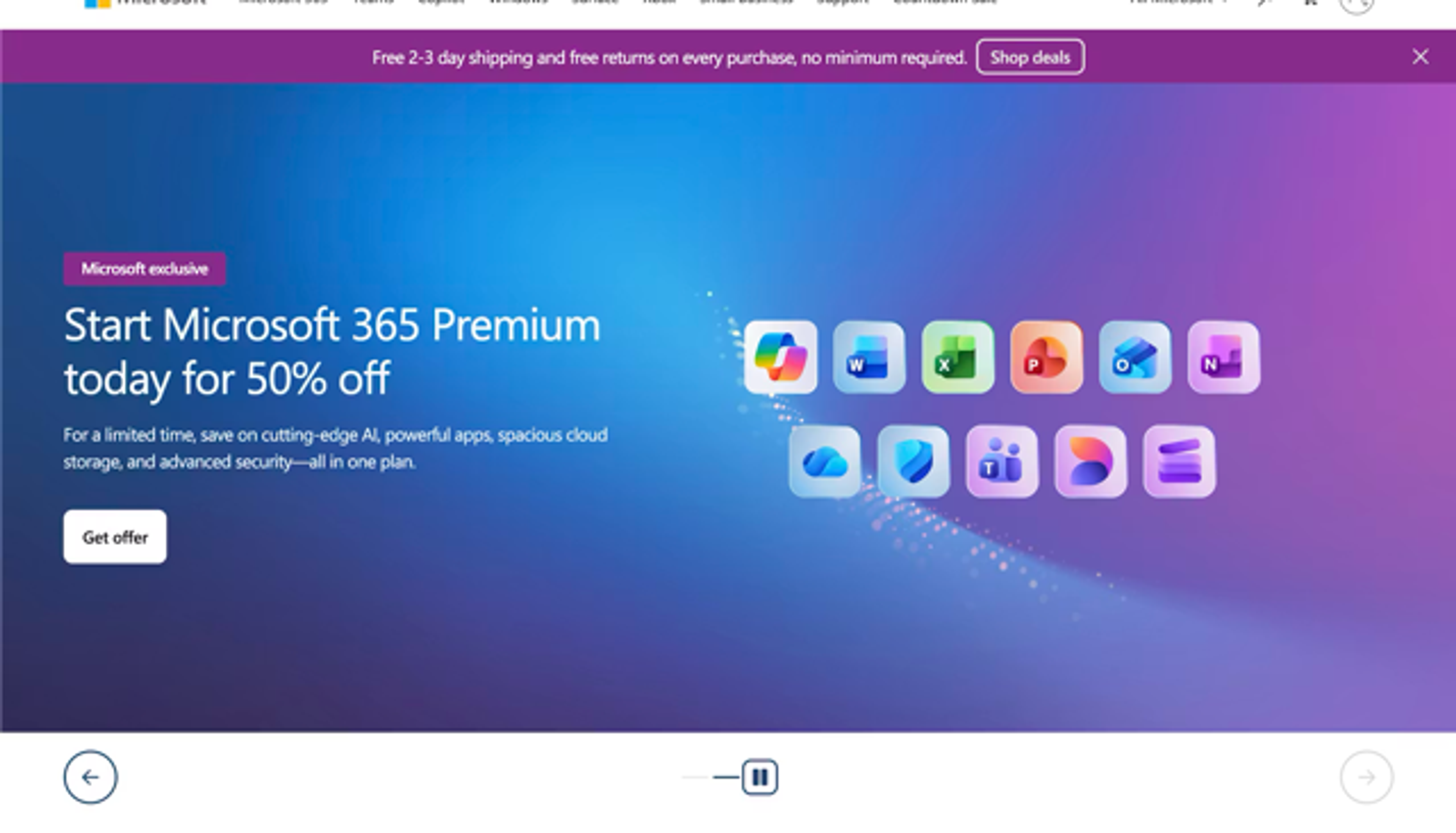 Homepage carousel on the Microsoft website