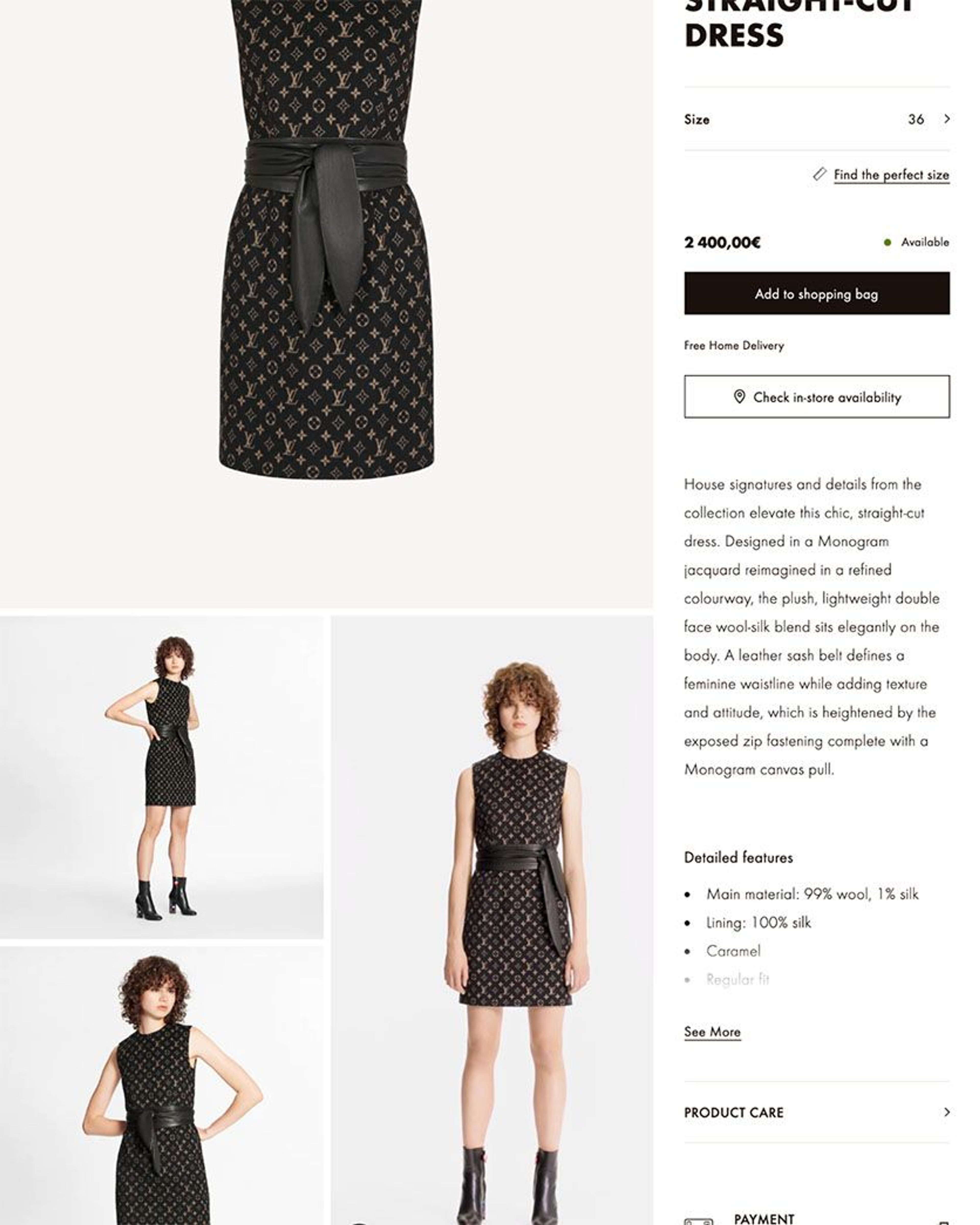 Louis Vuitton product page for a black women's dress, with written product description and several images including a model wearing the dress