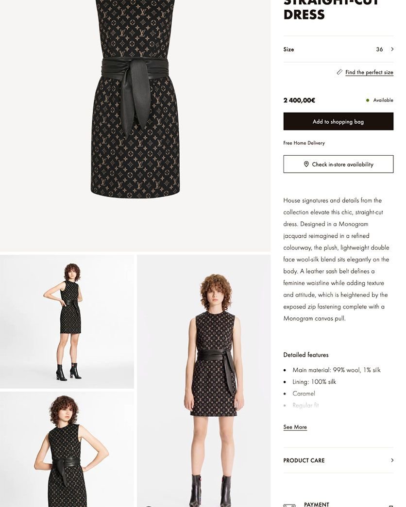 Louis Vuitton product page for a black women's dress, with written product description and several images including a model wearing the dress