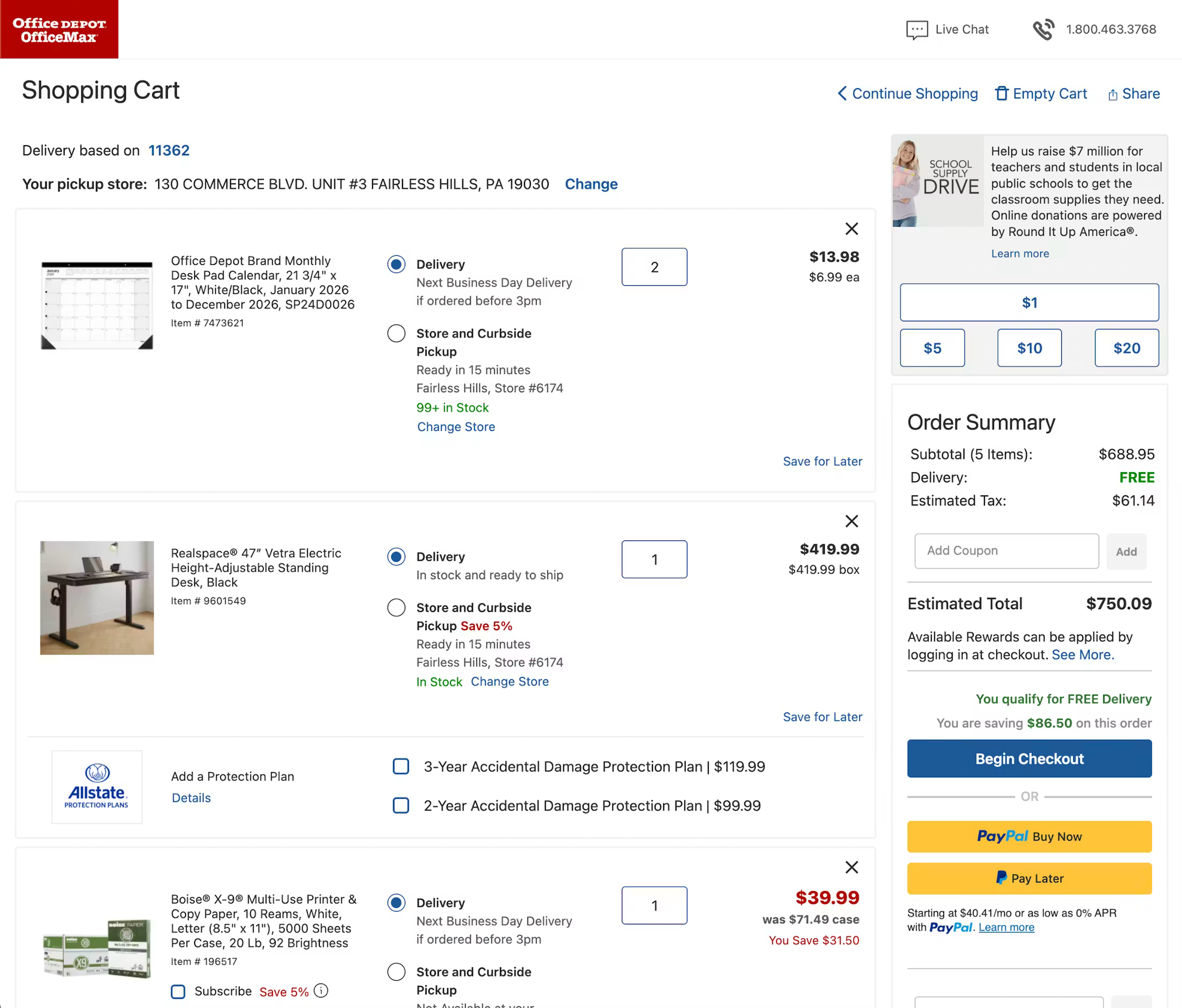 Shopping cart with order summary on Office Depot ecommerce site
