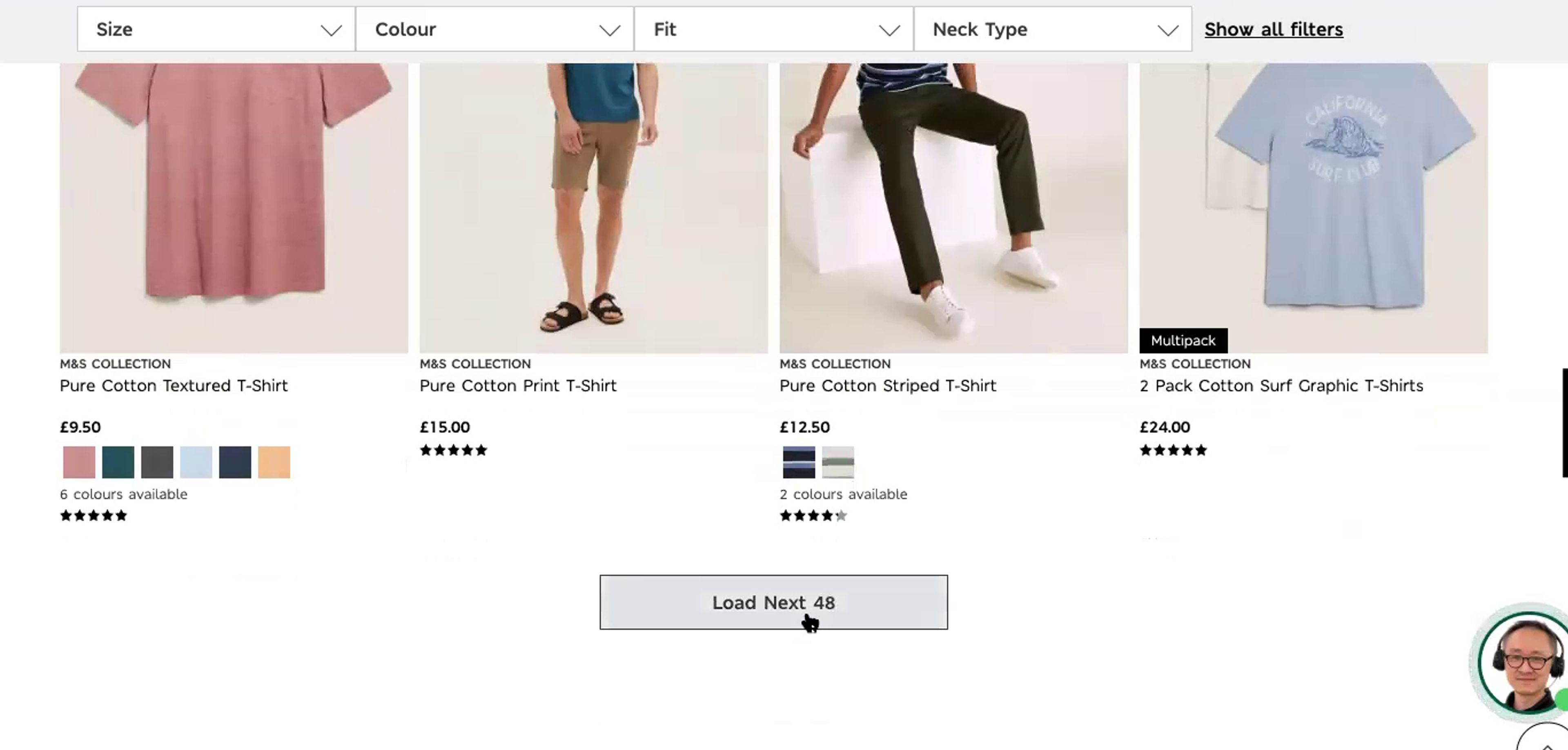 Marks & Spencers product listing page for women's t-shirts, showing a user hovering over the "load next 48" button to expand the number of products on the page