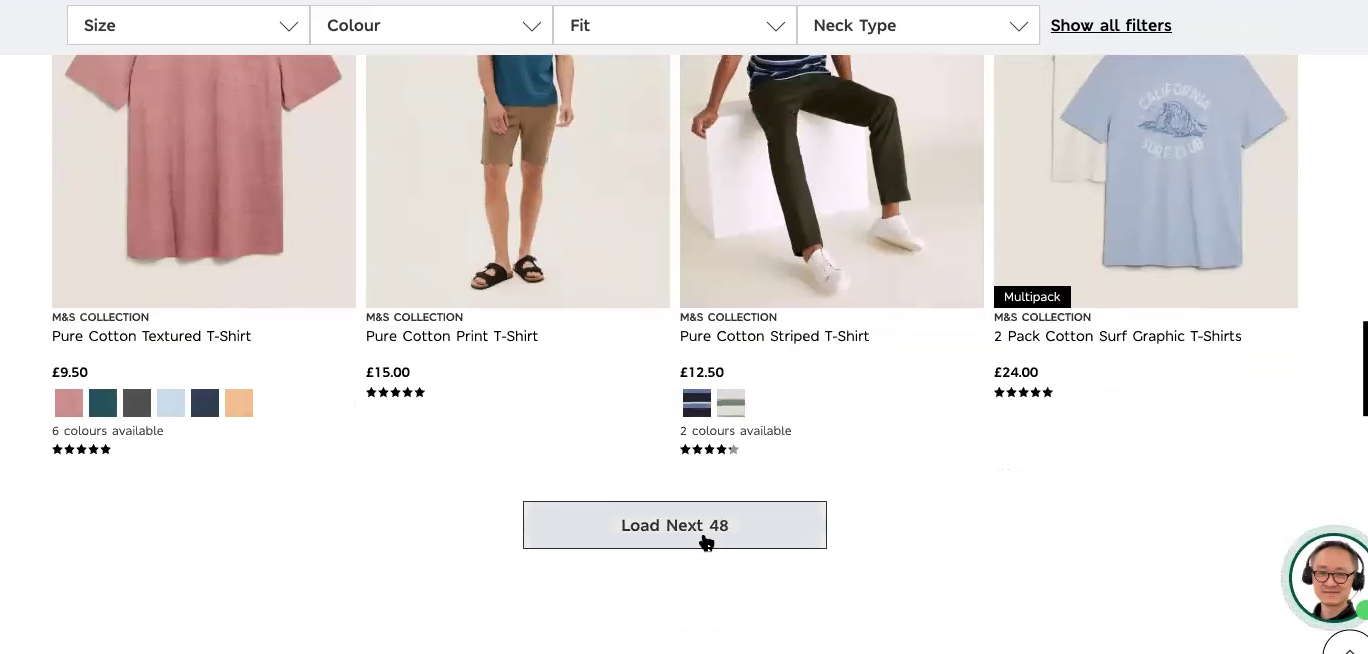 Marks & Spencers product listing page for women's t-shirts, showing a user hovering over the "load next 48" button to expand the number of products on the page