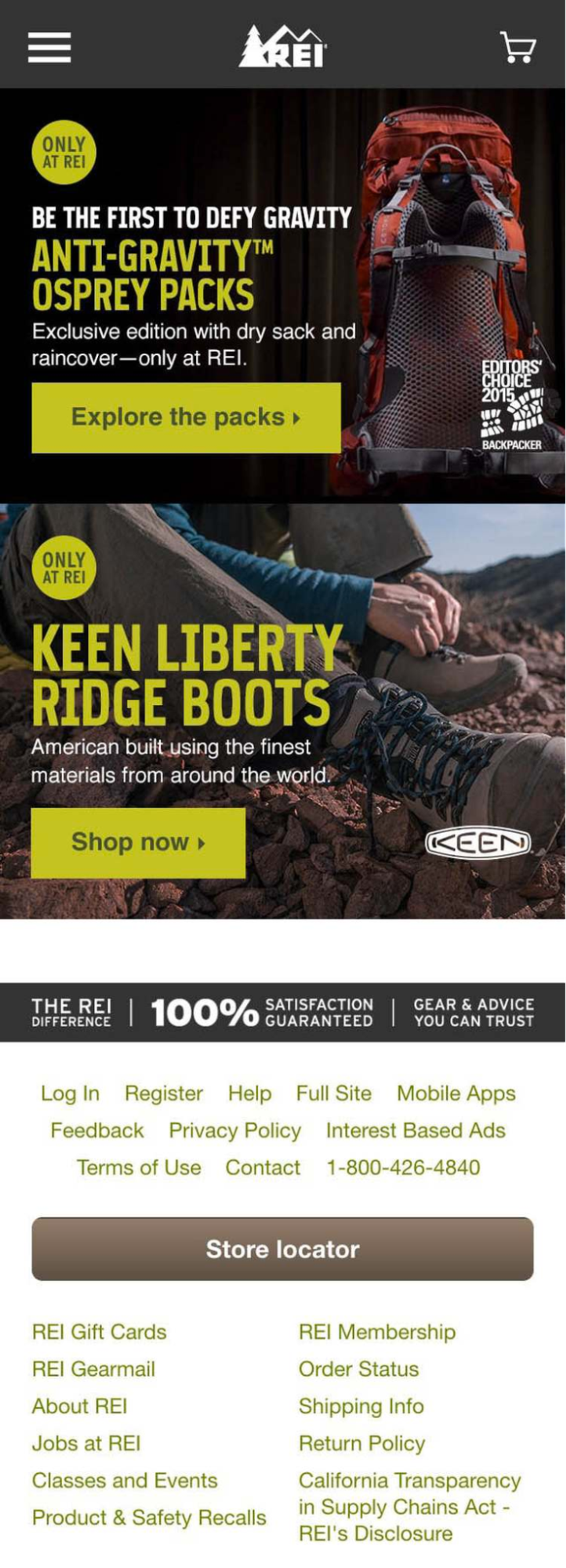 REI website page showing links to different product categories including hiking boots.