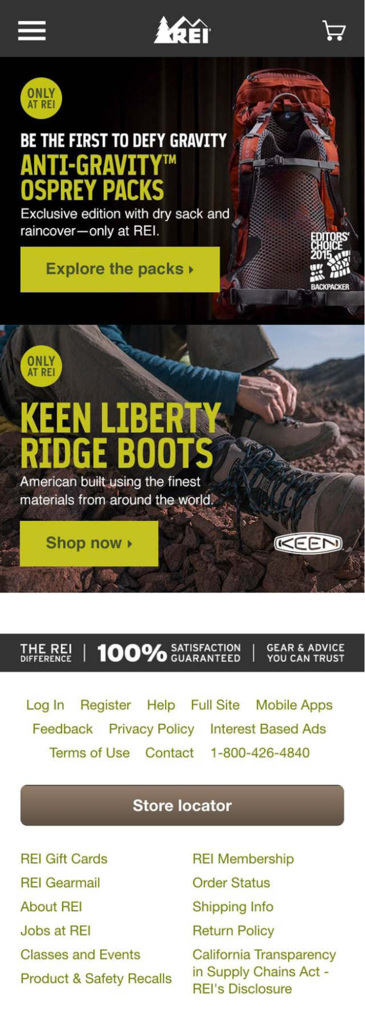 REI website page showing links to different product categories including hiking boots.