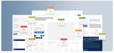 Website page mockups with labels showing UX issues, violations, and best practices